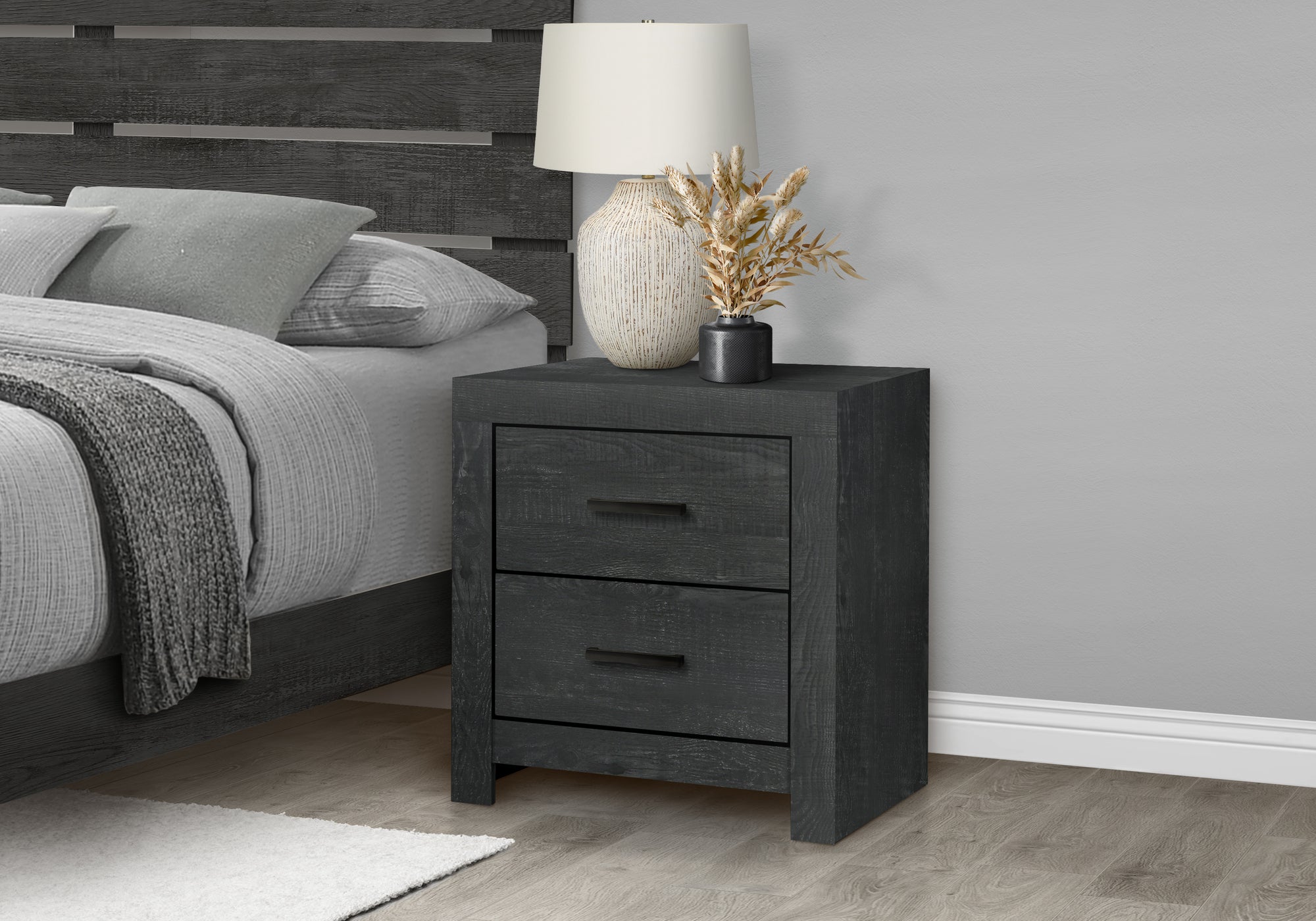 BEDROOM SET - 2 DRAWER NIGHTSTAND / GRAPHITE GREY WOOD FINISH