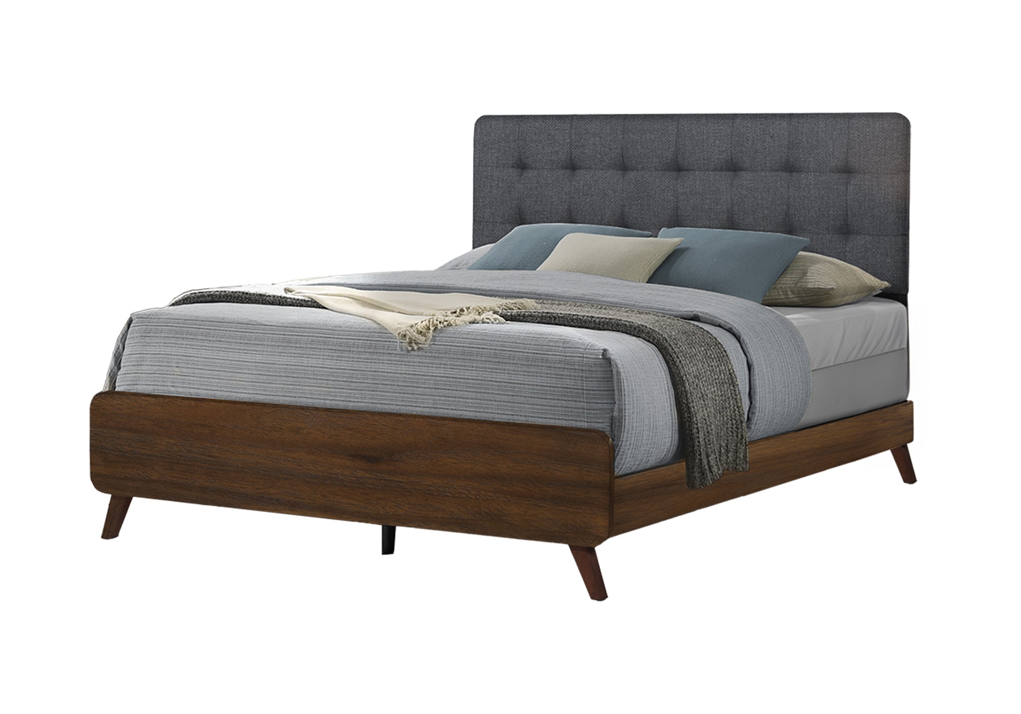 BEDROOM SET - QUEEN SIZE BED / GREY FABRIC WALNUT FINISH