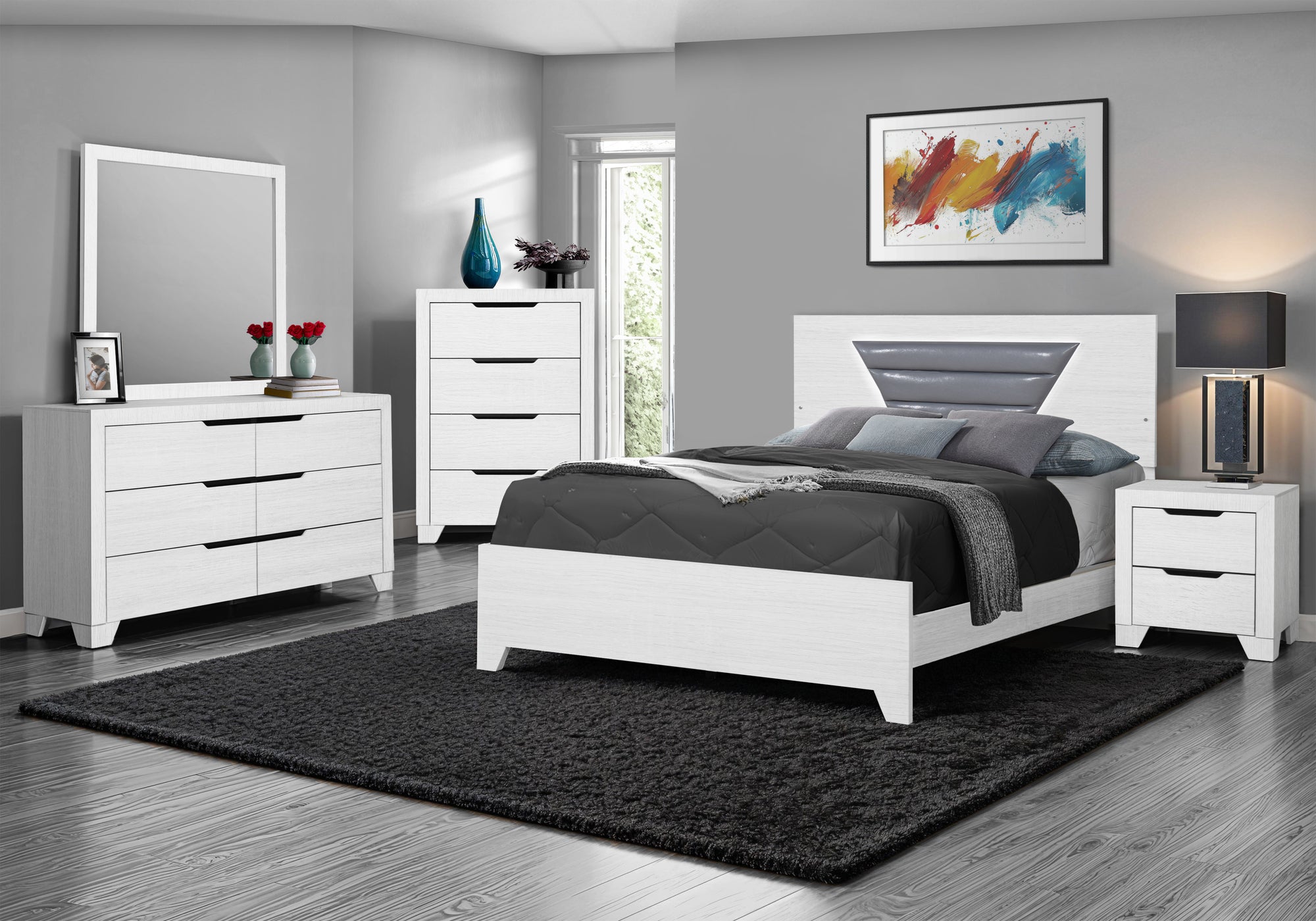 BEDROOM SET - QUEEN SIZE BED WITH LED LIGHT GREY PU / WHITE FINISH