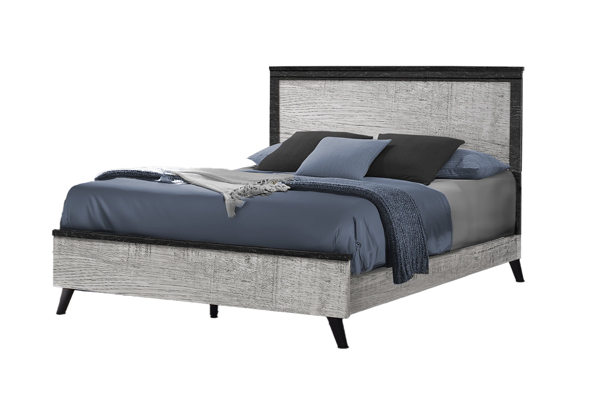 BED FRAME - QUEEN SIZE BED / GREY RECLAIMED WITH GRAPHITE WOOD TOP