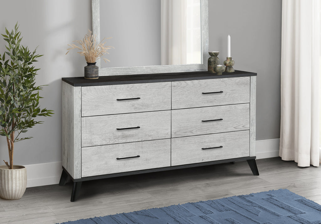 BEDROOM SET - 6 DRAWER DRESSER / GREY RECLAIMED / GRAPHITE WOOD TOP