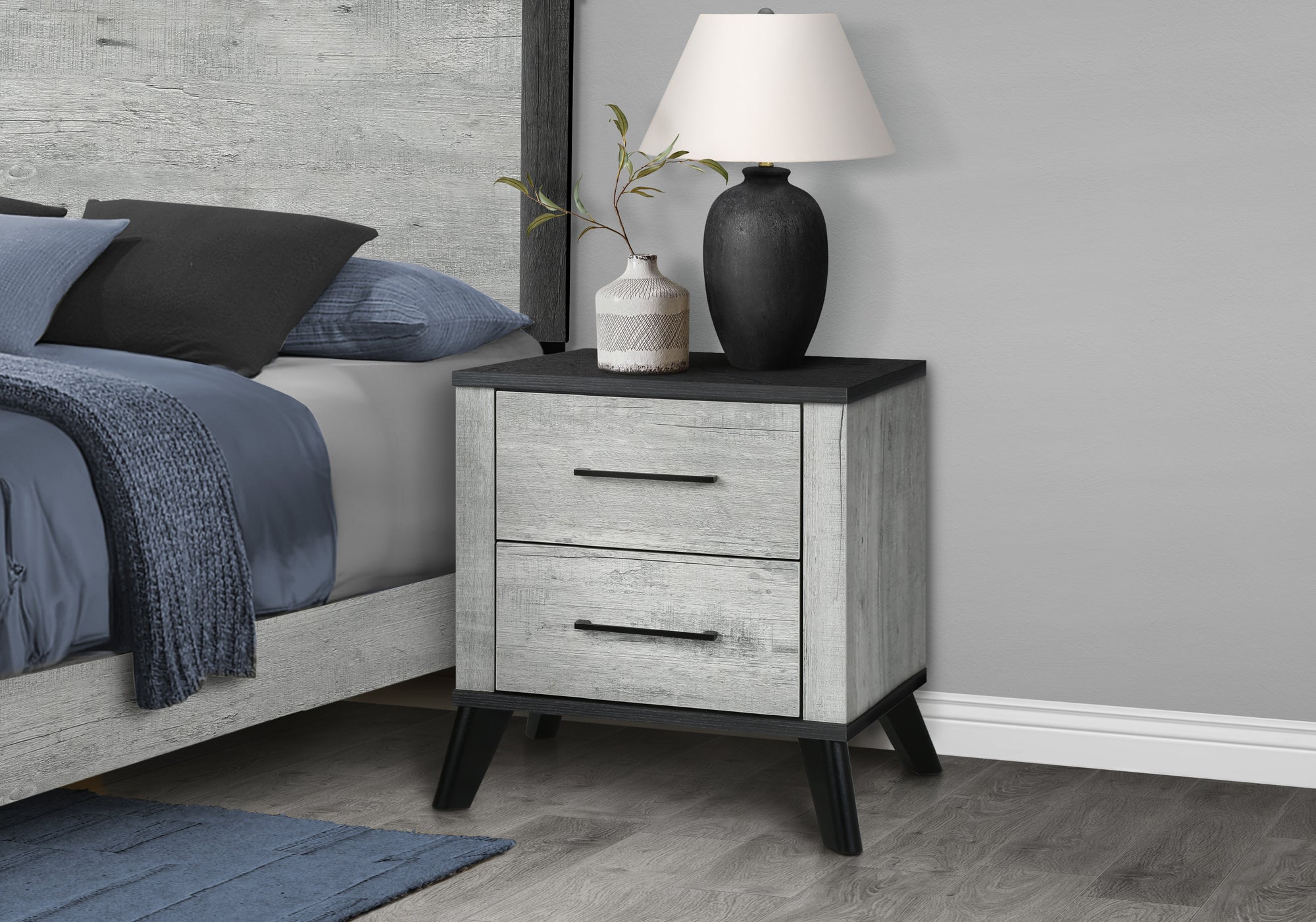 BEDROOM SET - 2 DRAWER NIGHTSTAND/ GREY RECLAIMED / GRAPHITE WOOD TOP
