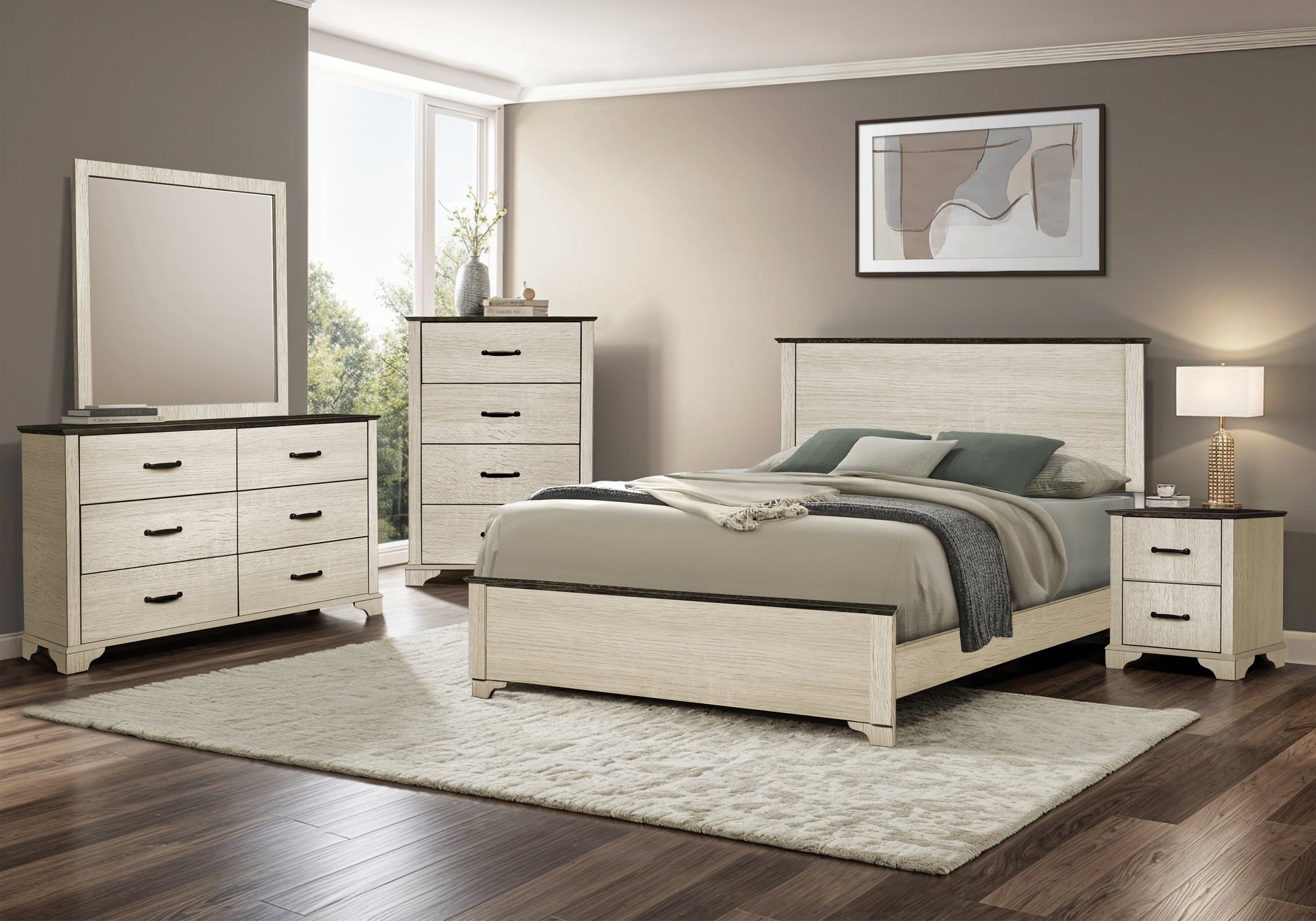 BEDROOM SET - QUEEN SIZE BED / BLEACHED OAK FINISH / RUSTIC OAK TOP