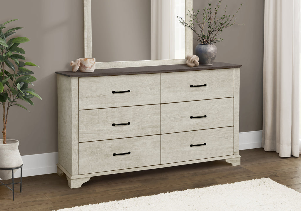 BEDROOM - 6 DRAWER DRESSER / BLEACHED OAK FINISH / RUSTIC OAK TOP