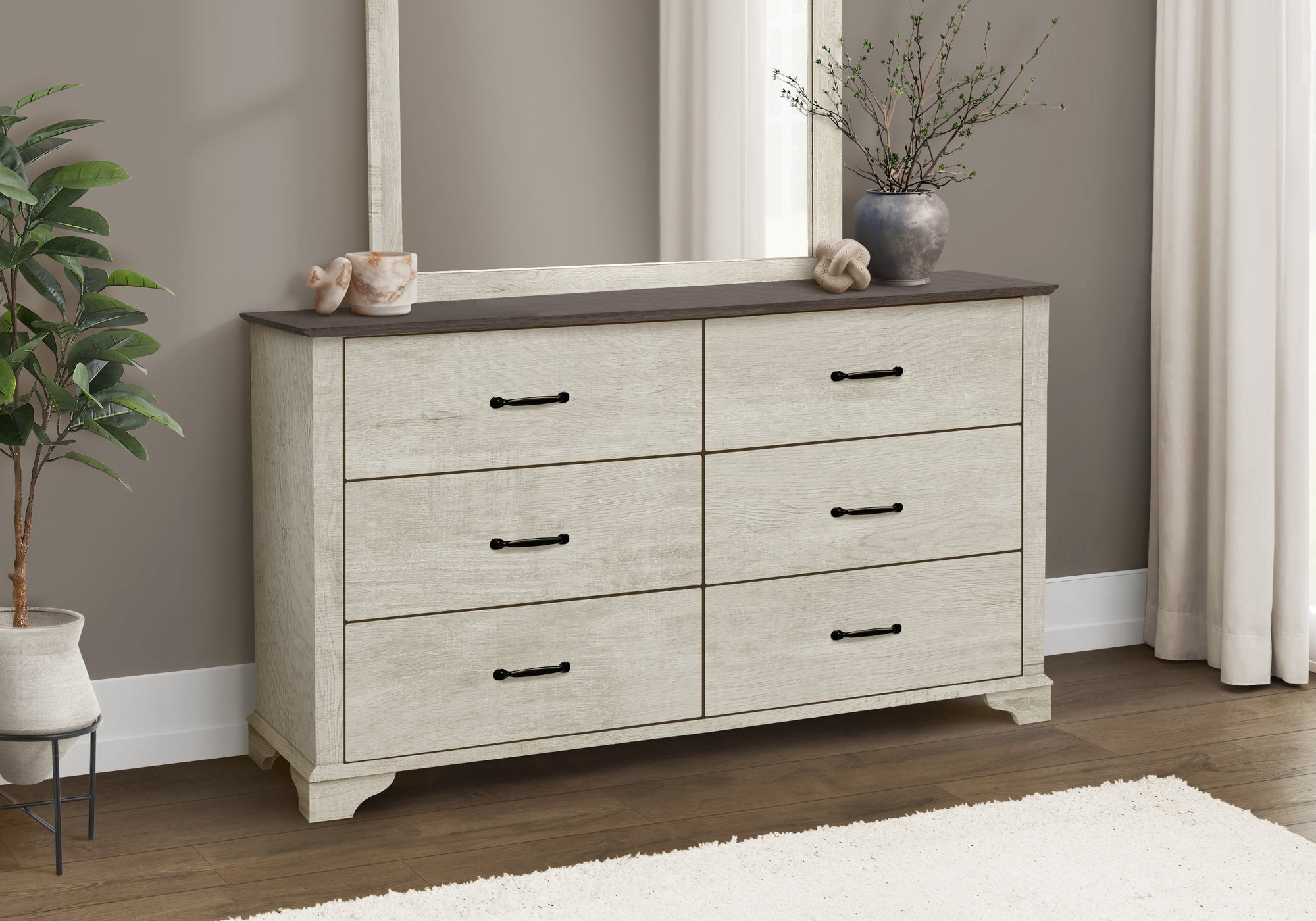 BEDROOM - 6 DRAWER DRESSER / BLEACHED OAK FINISH / RUSTIC OAK TOP