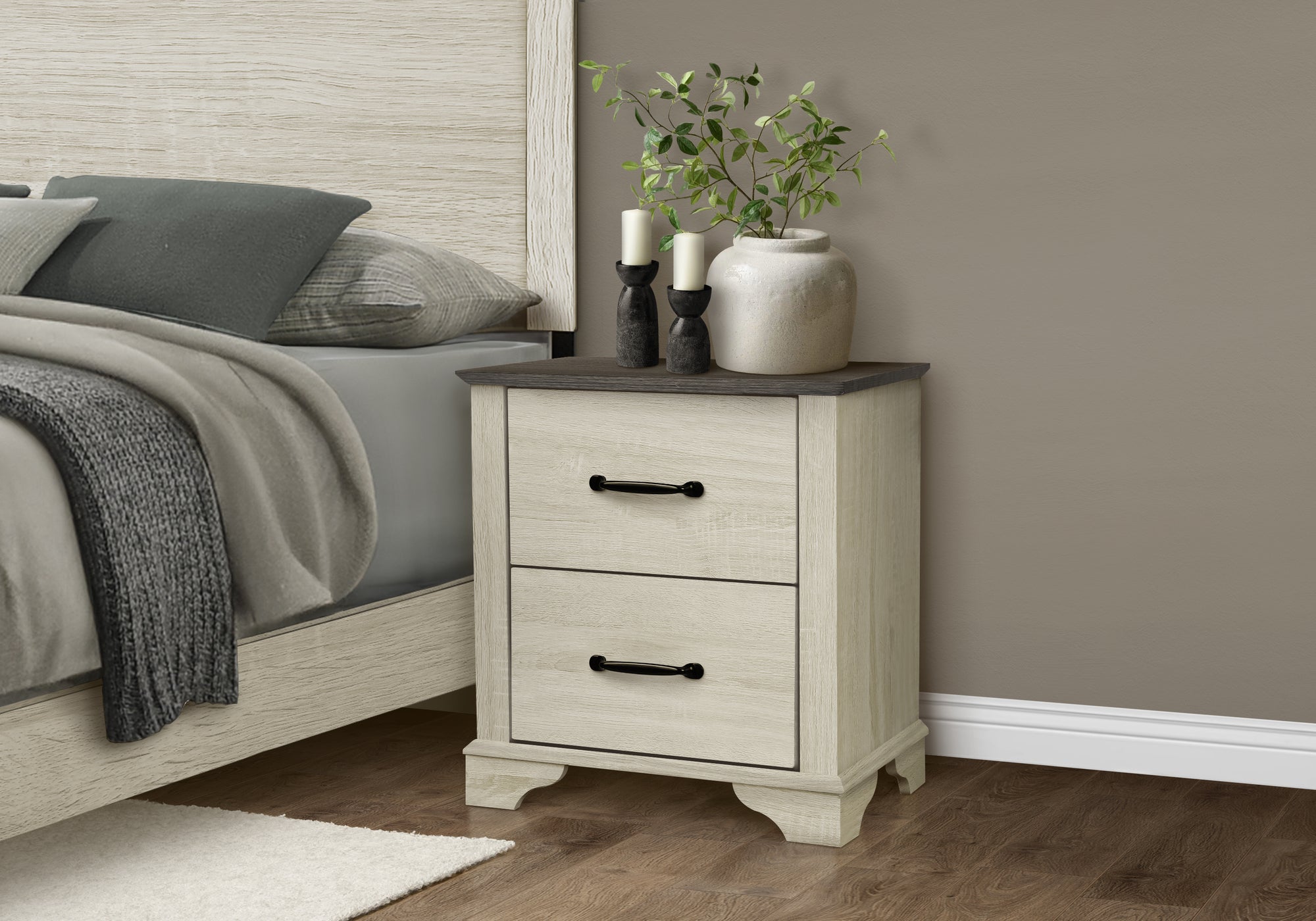BEDROOM SET - 2 DRAWER NIGHTSTAND / BLEACHED OAK / RUSTIC OAK TOP