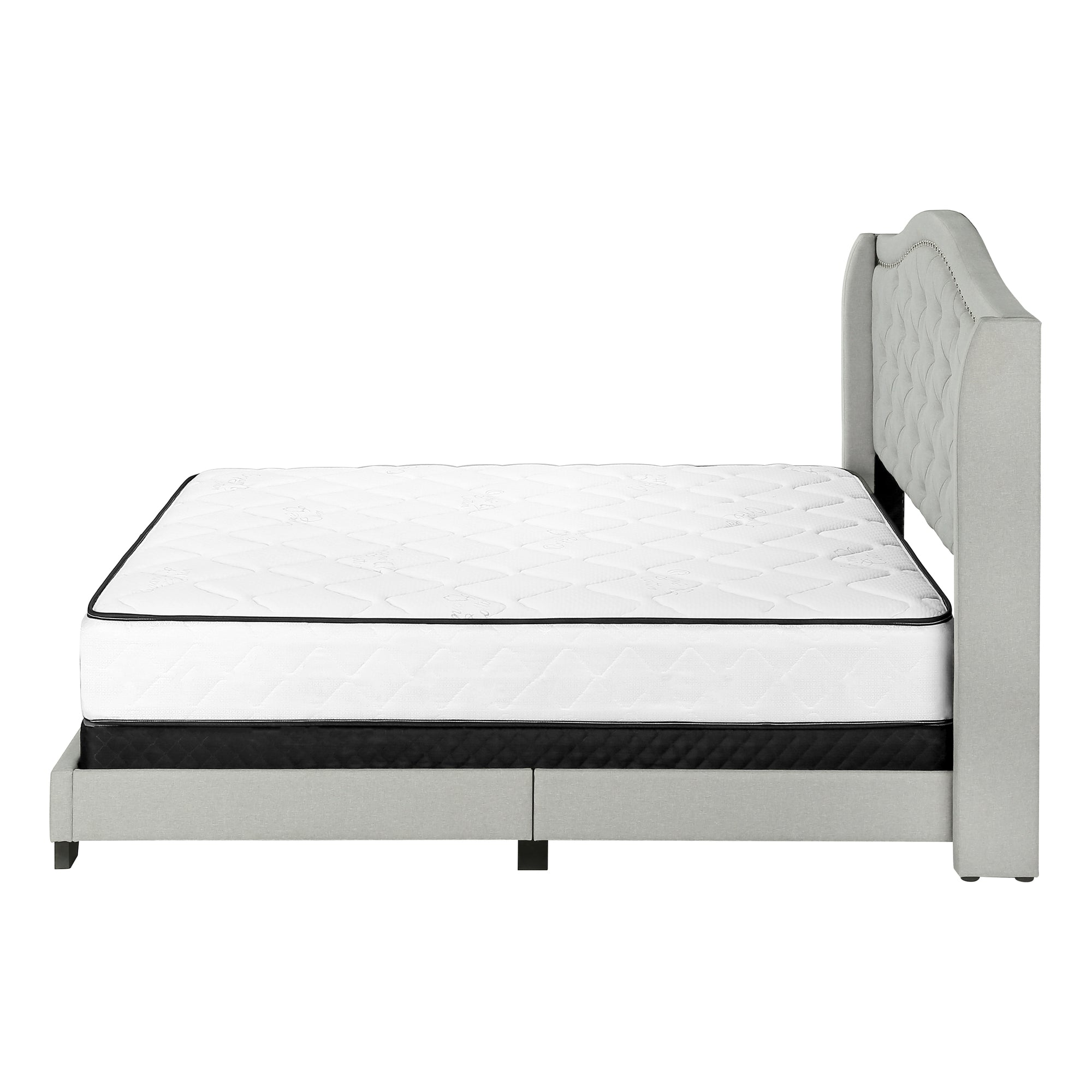 BED - QUEEN SIZE / LIGHT GREY VELVET WITH CHROME TRIM