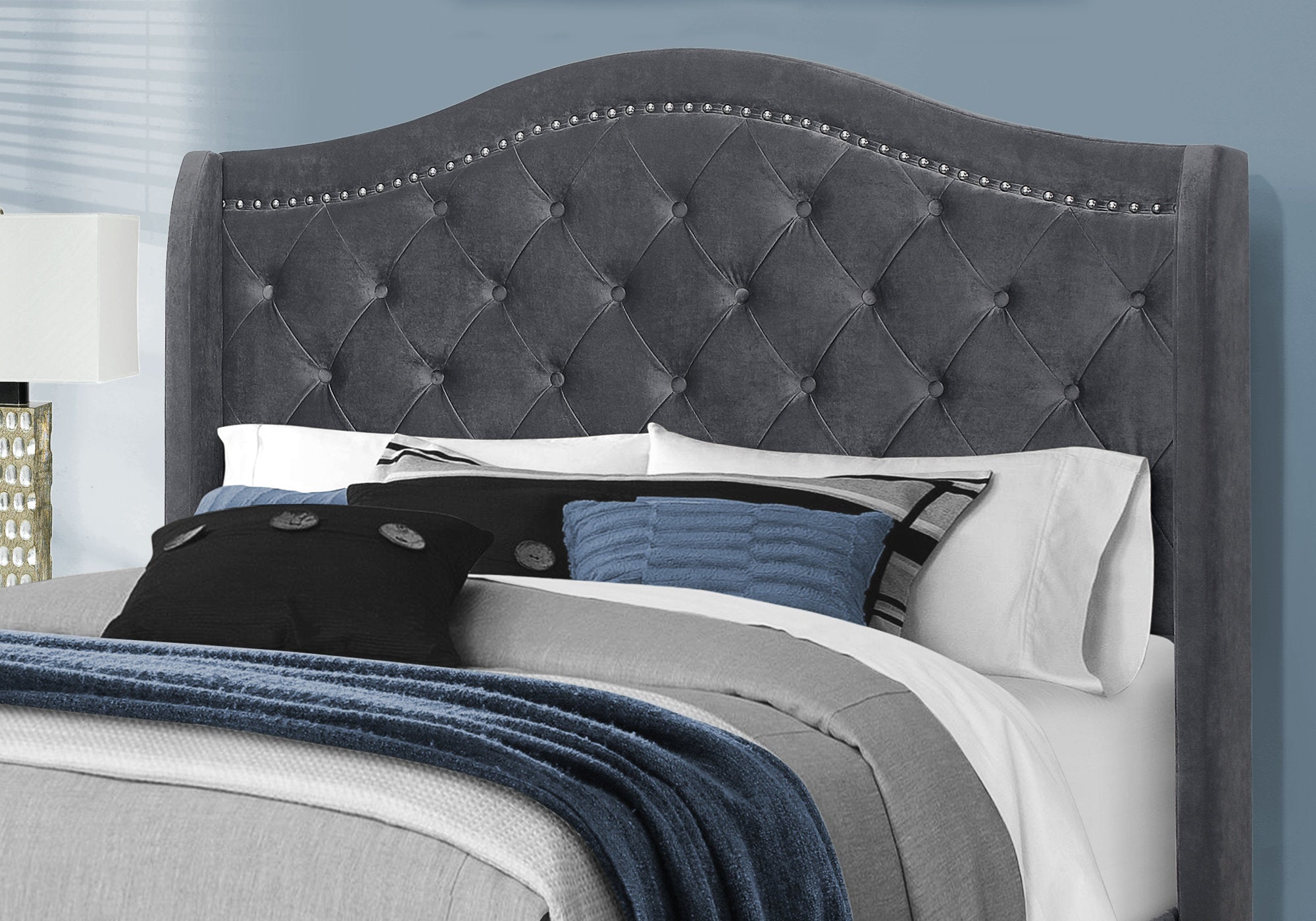 BED - QUEEN SIZE / DARK GREY VELVET WITH CHROME TRIM