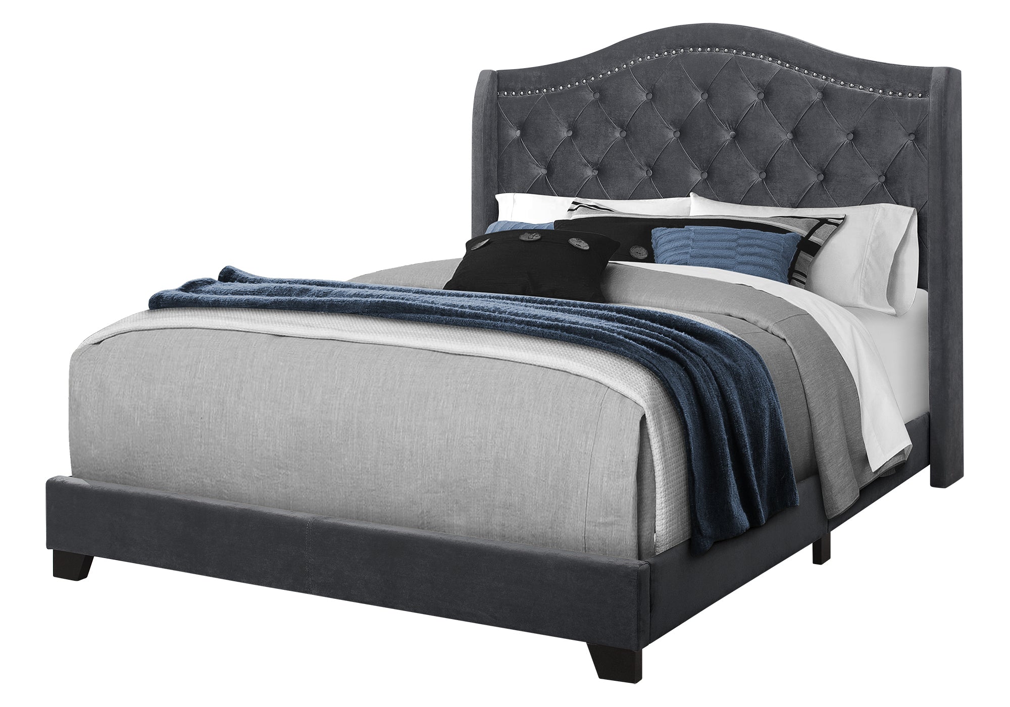 BED - QUEEN SIZE / DARK GREY VELVET WITH CHROME TRIM