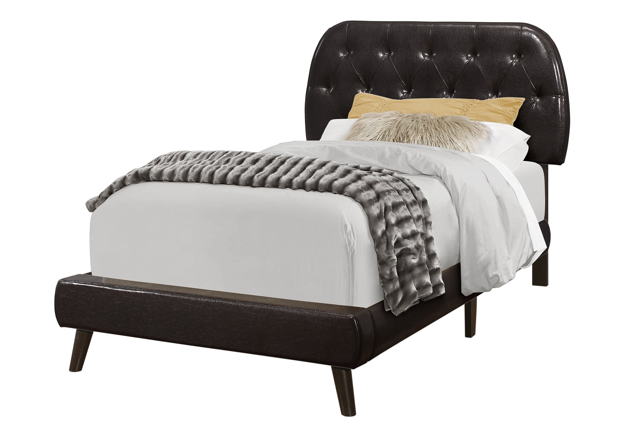 BED - TWIN SIZE / BROWN LEATHER-LOOK WITH WOOD LEGS