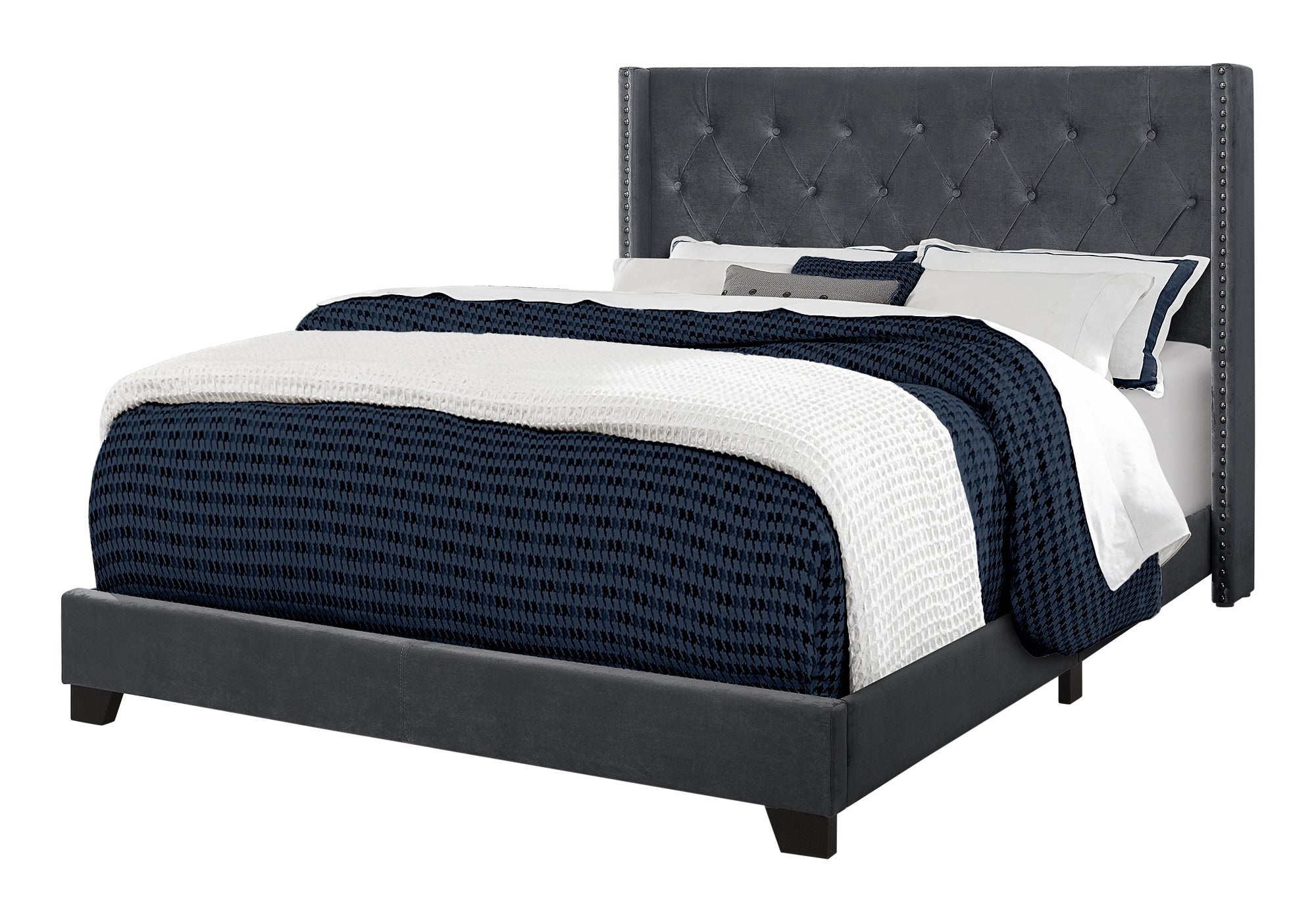 BED - QUEEN SIZE / DARK GREY VELVET WITH CHROME TRIM