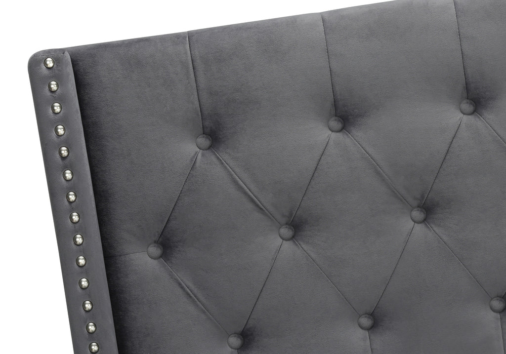 BED - QUEEN SIZE / DARK GREY VELVET WITH CHROME TRIM