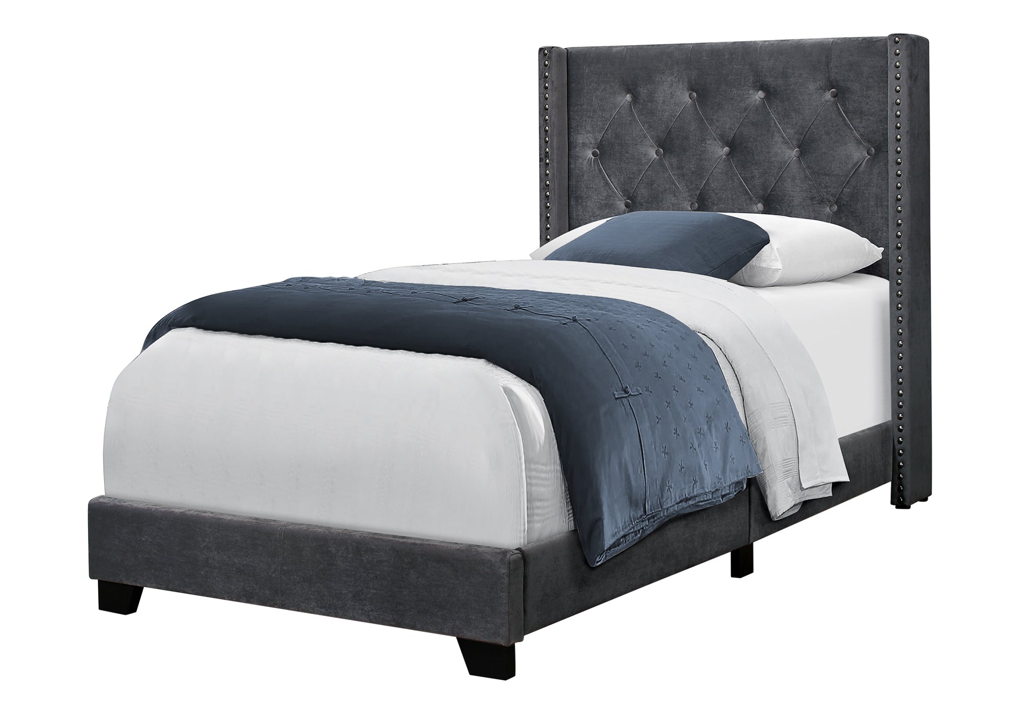 BED - TWIN SIZE / DARK GREY VELVET WITH CHROME TRIM