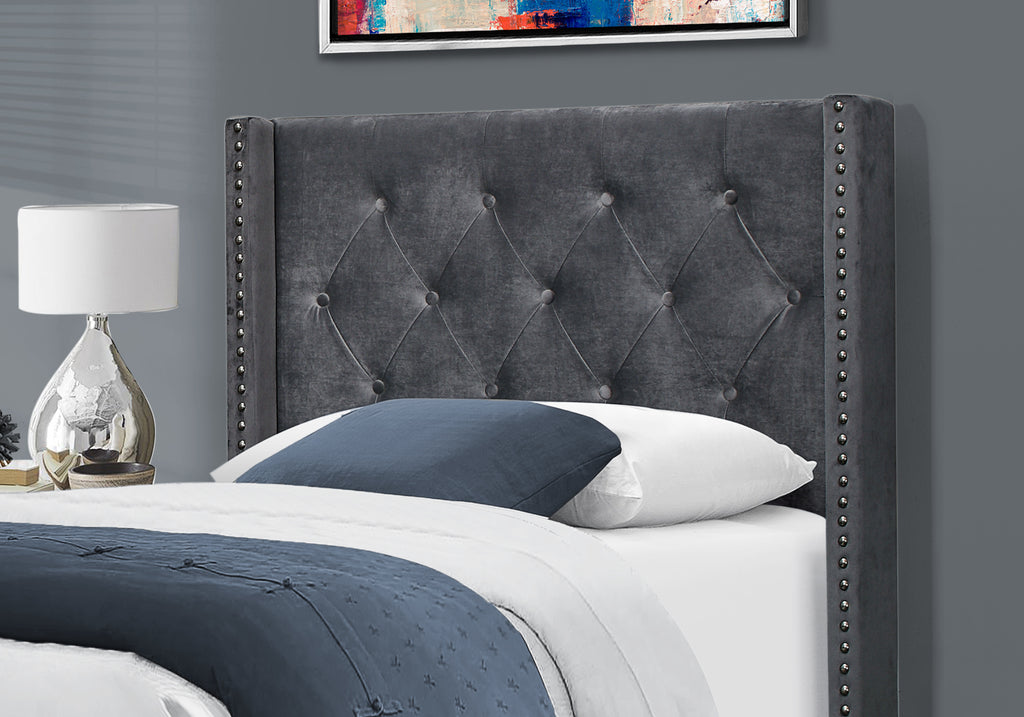 BED - TWIN SIZE / DARK GREY VELVET WITH CHROME TRIM