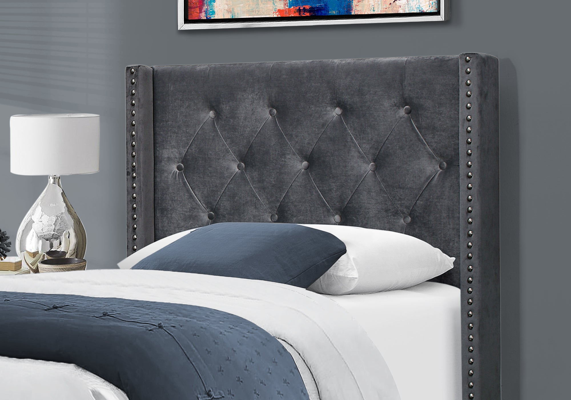 BED - TWIN SIZE / DARK GREY VELVET WITH CHROME TRIM