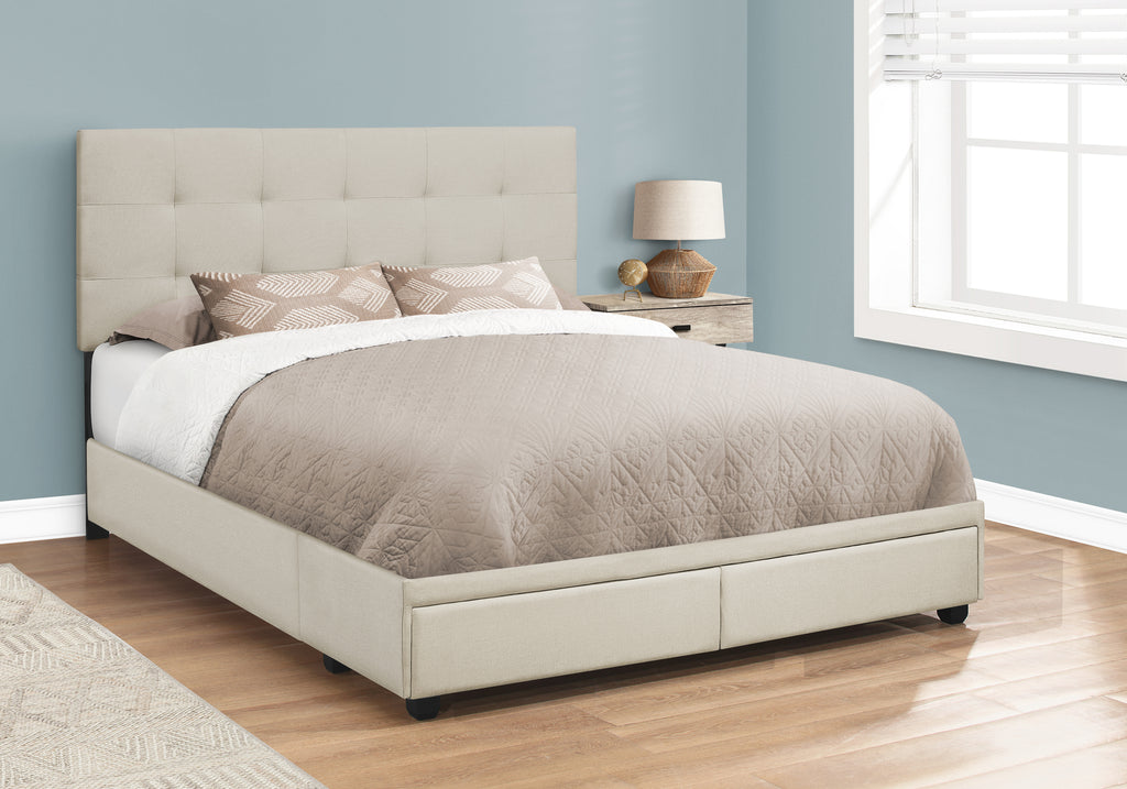 BED - QUEEN SIZE / BEIGE LINEN WITH 2 STORAGE DRAWERS