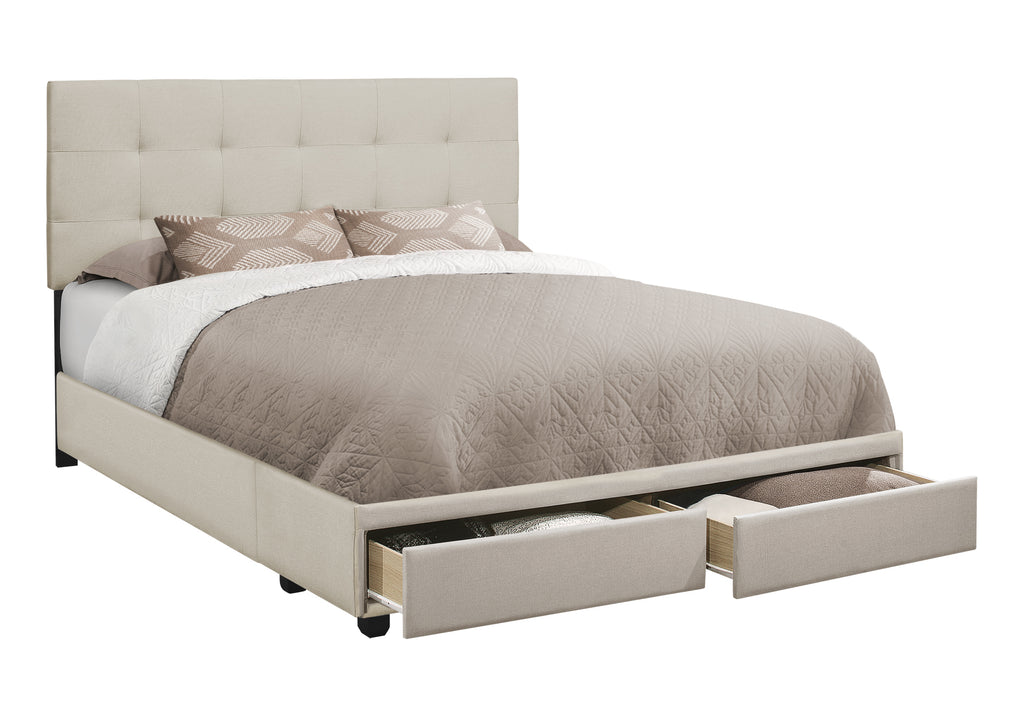 BED - QUEEN SIZE / BEIGE LINEN WITH 2 STORAGE DRAWERS