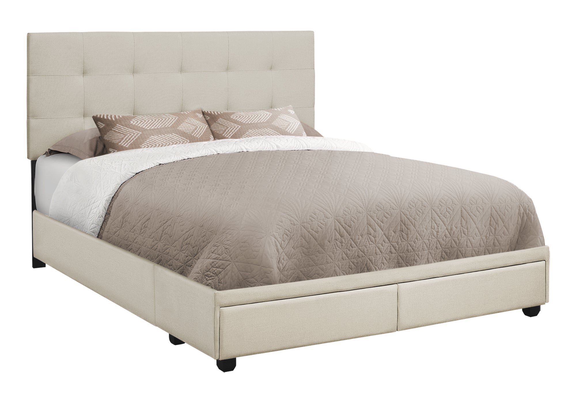 BED - QUEEN SIZE / BEIGE LINEN WITH 2 STORAGE DRAWERS
