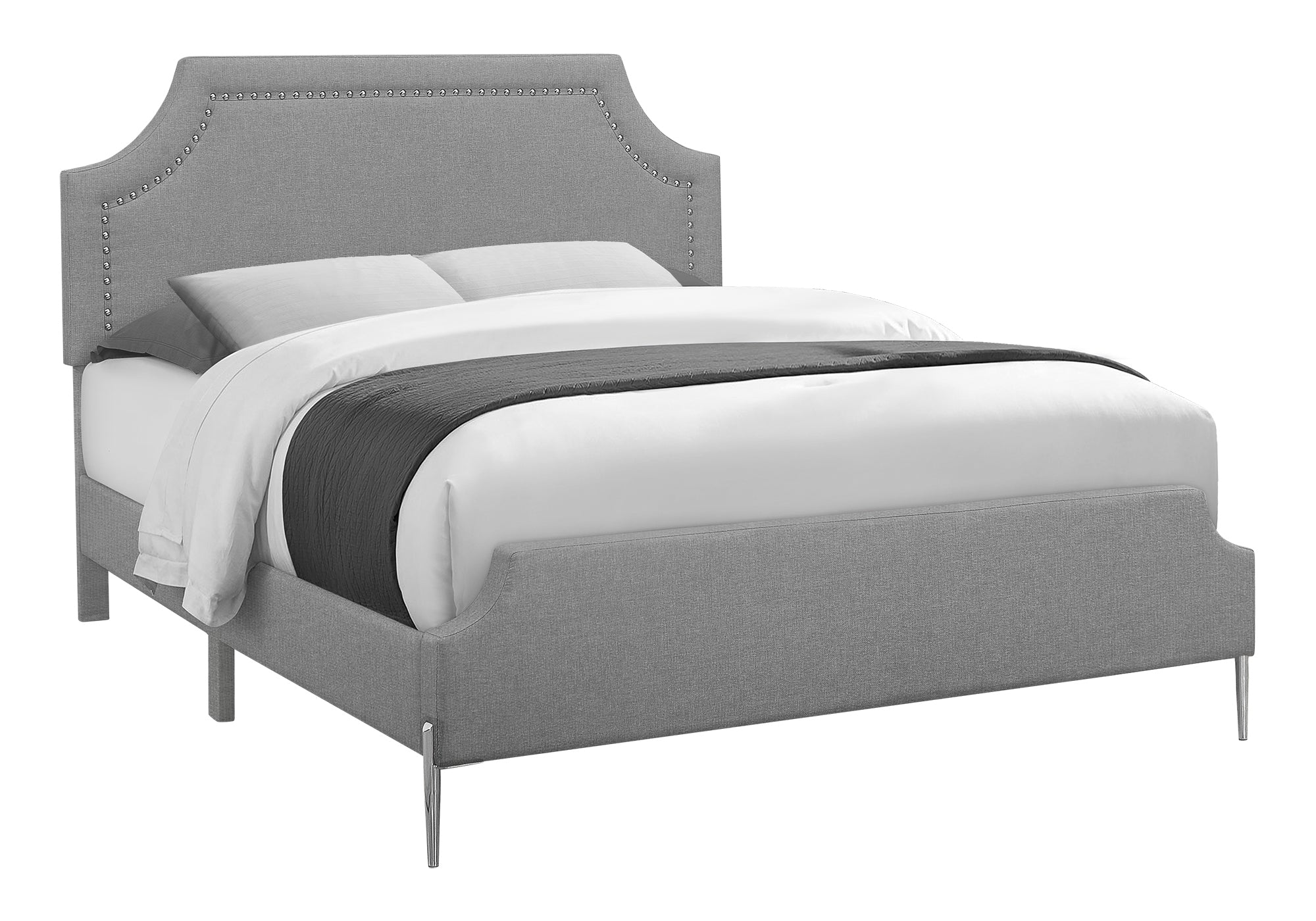 BED - QUEEN SIZE / GREY LINEN WITH CHROME METAL LEGS