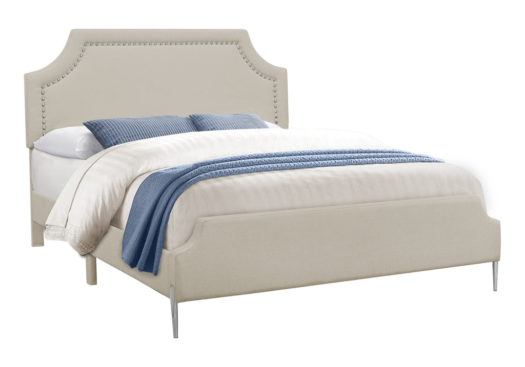 BED - QUEEN SIZE / BEIGE LINEN WITH CHROME METAL LEGS
