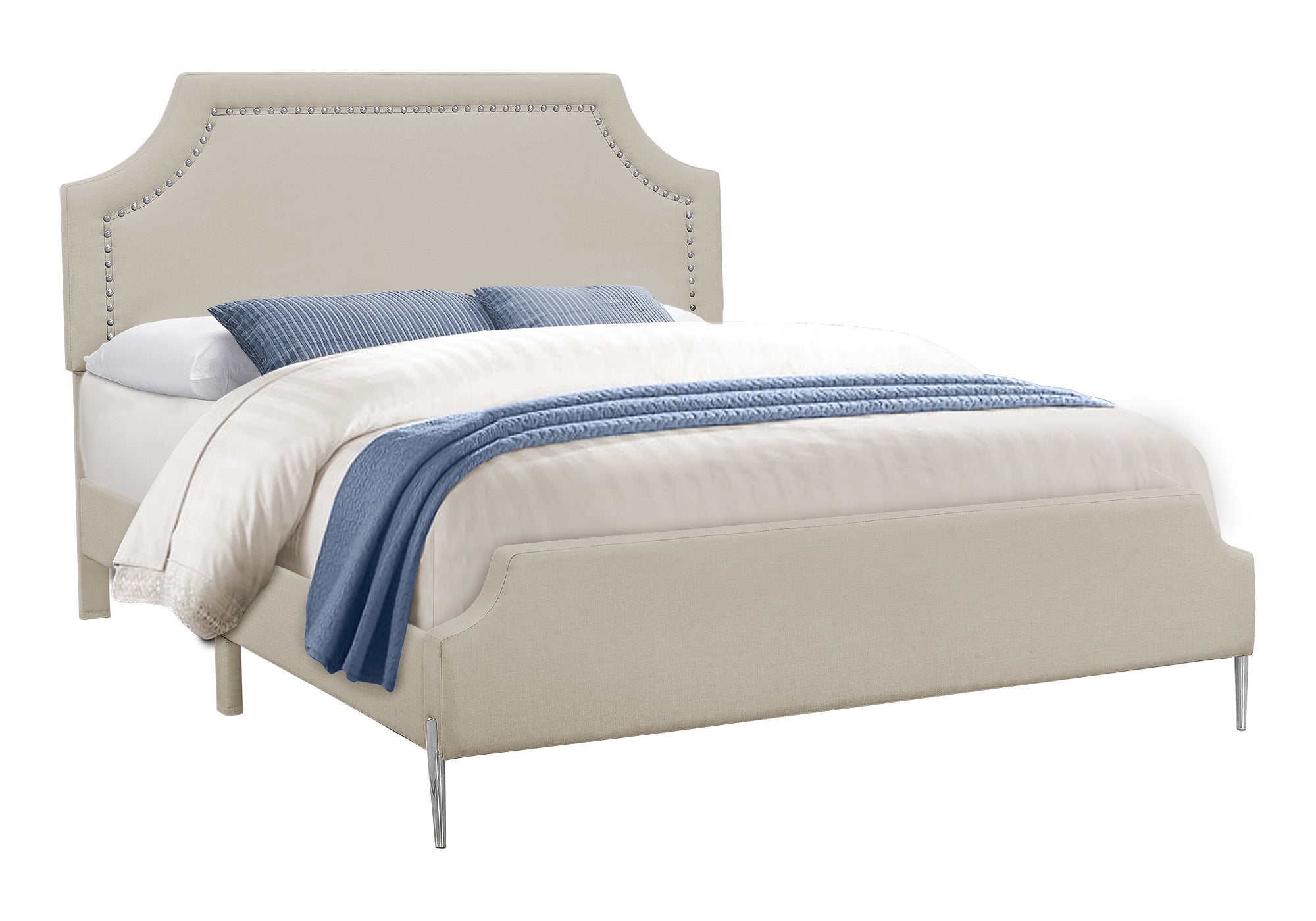 BED - QUEEN SIZE / BEIGE LINEN WITH CHROME METAL LEGS