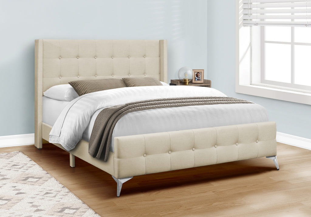 BED - QUEEN SIZE / BEIGE LINEN WITH CHROME METAL LEGS