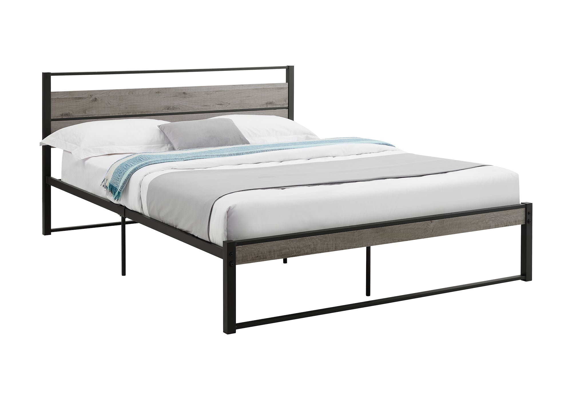BED - QUEEN SIZE /  GREY / BLACK METAL PLATFORM