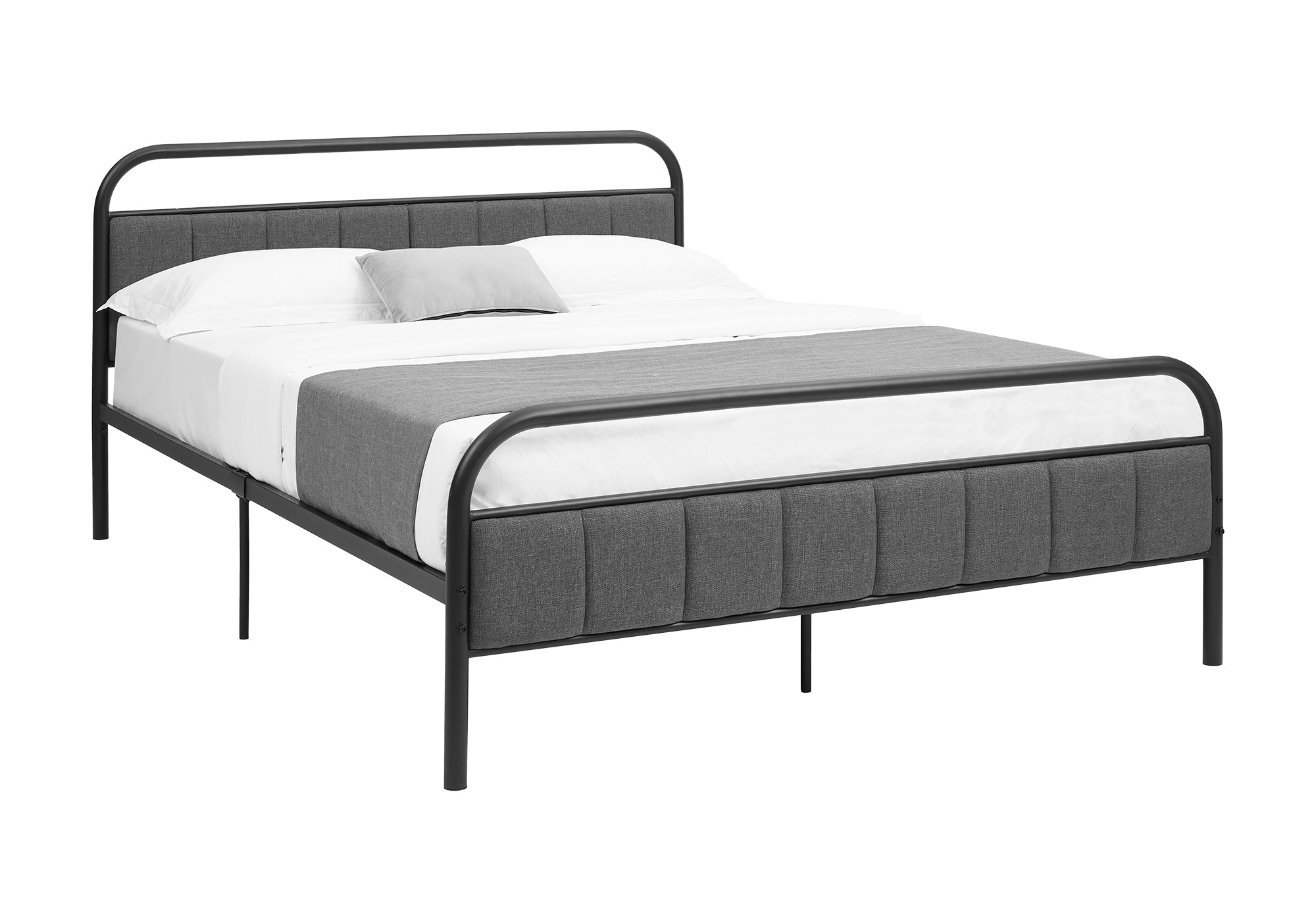 BED - QUEEN SIZE /  GREY FABRIC / BLACK METAL PLATFORM