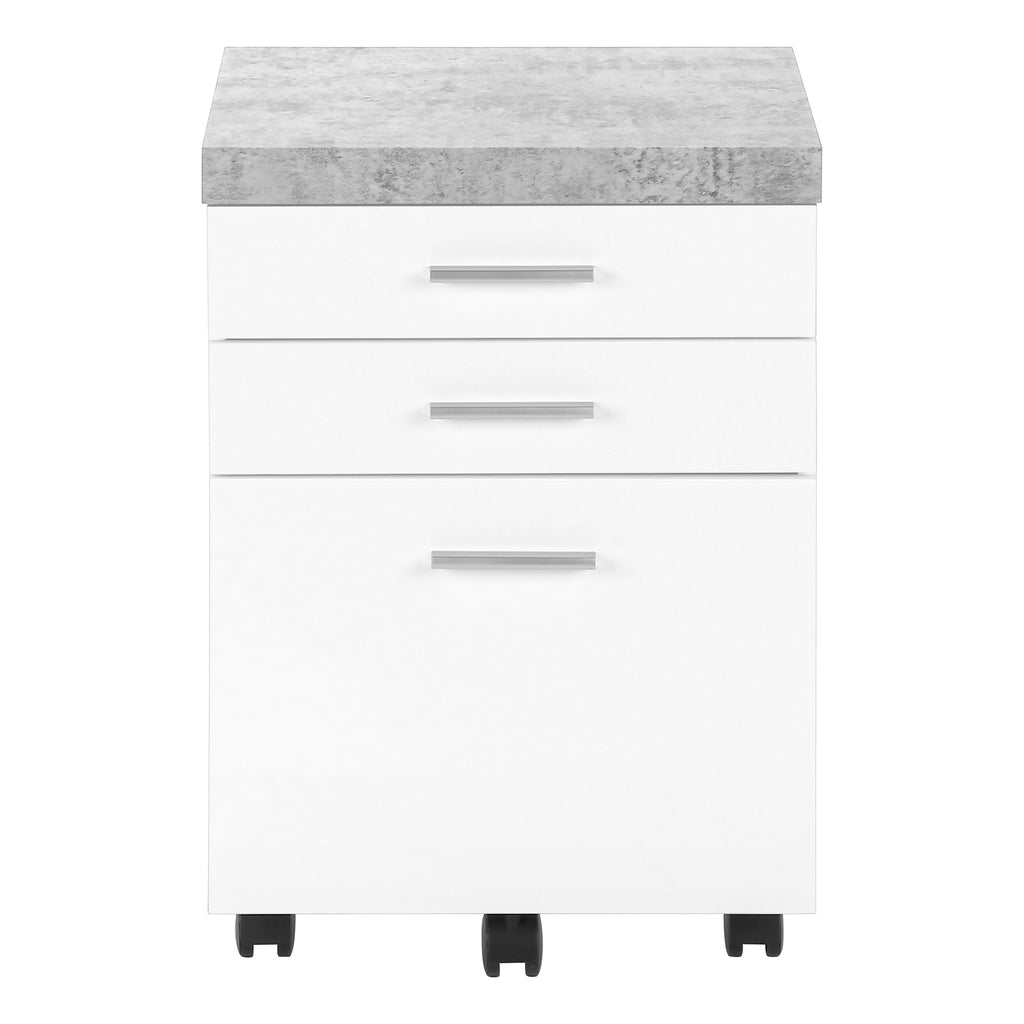 FILING CABINET - 3 DRAWER / WHITE / CEMENT-LOOK ON CASTOR