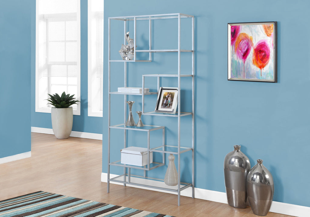 BOOKCASE - 72""H / SILVER METAL WITH TEMPERED GLASS