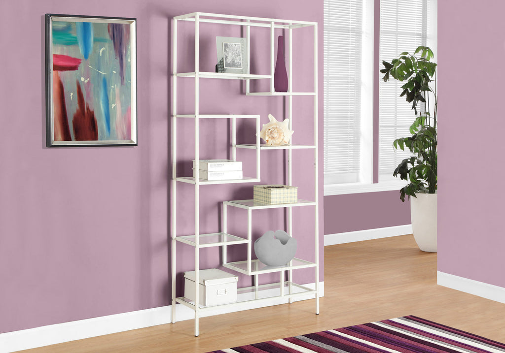 BOOKCASE - 72""H / WHITE METAL WITH TEMPERED GLASS