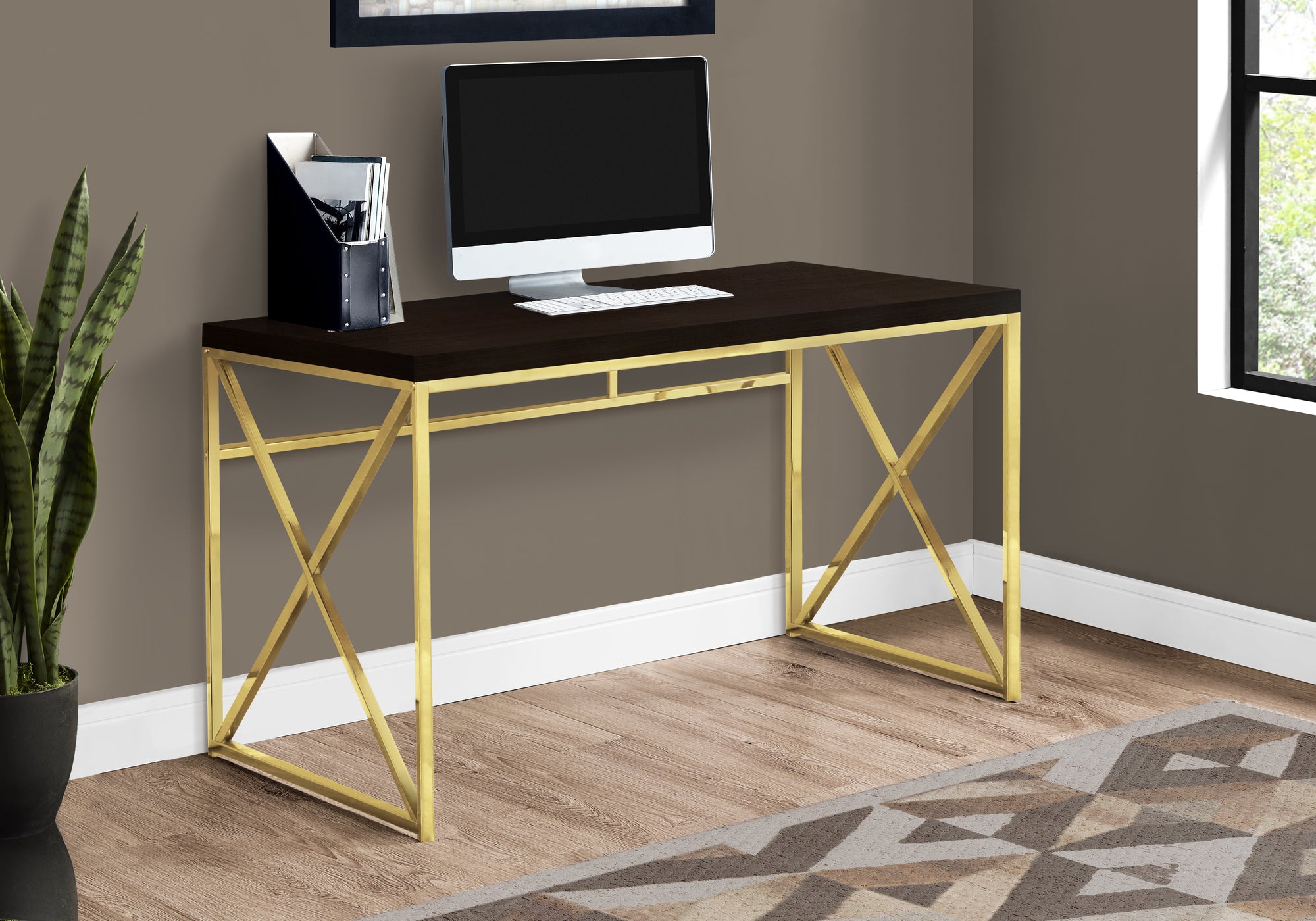 COMPUTER DESK - 48""L / ESPRESSO / GOLD METAL