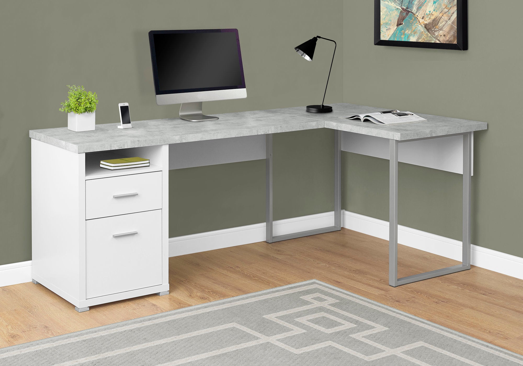 COMPUTER DESK - 80""L WHITE / CEMENT-LOOK LEFT/RIGHT FACE