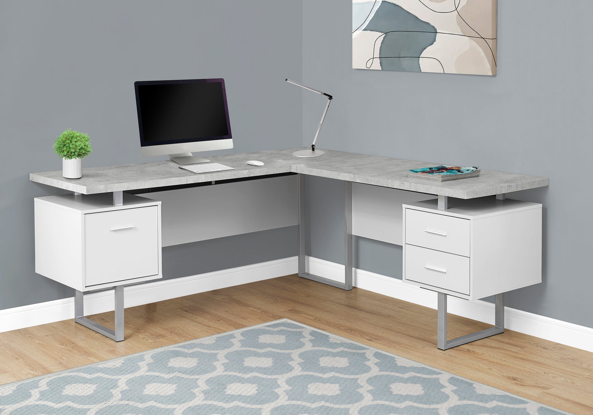 COMPUTER DESK - 70""L WHITE / CEMENT-LOOK LEFT/RIGHT FACE