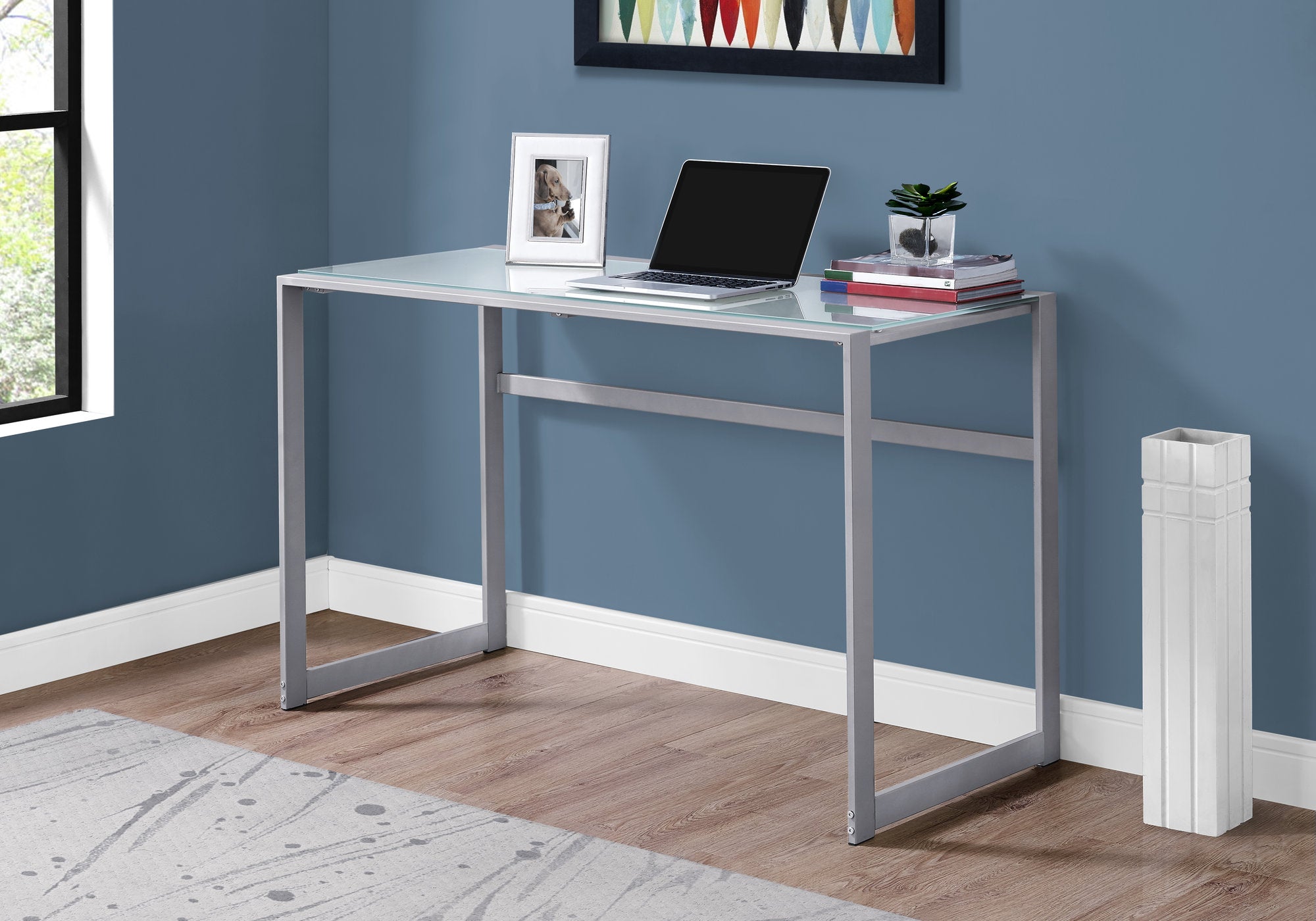COMPUTER DESK - 48""L / SILVER METAL/ WHITE TEMPERED GLASS