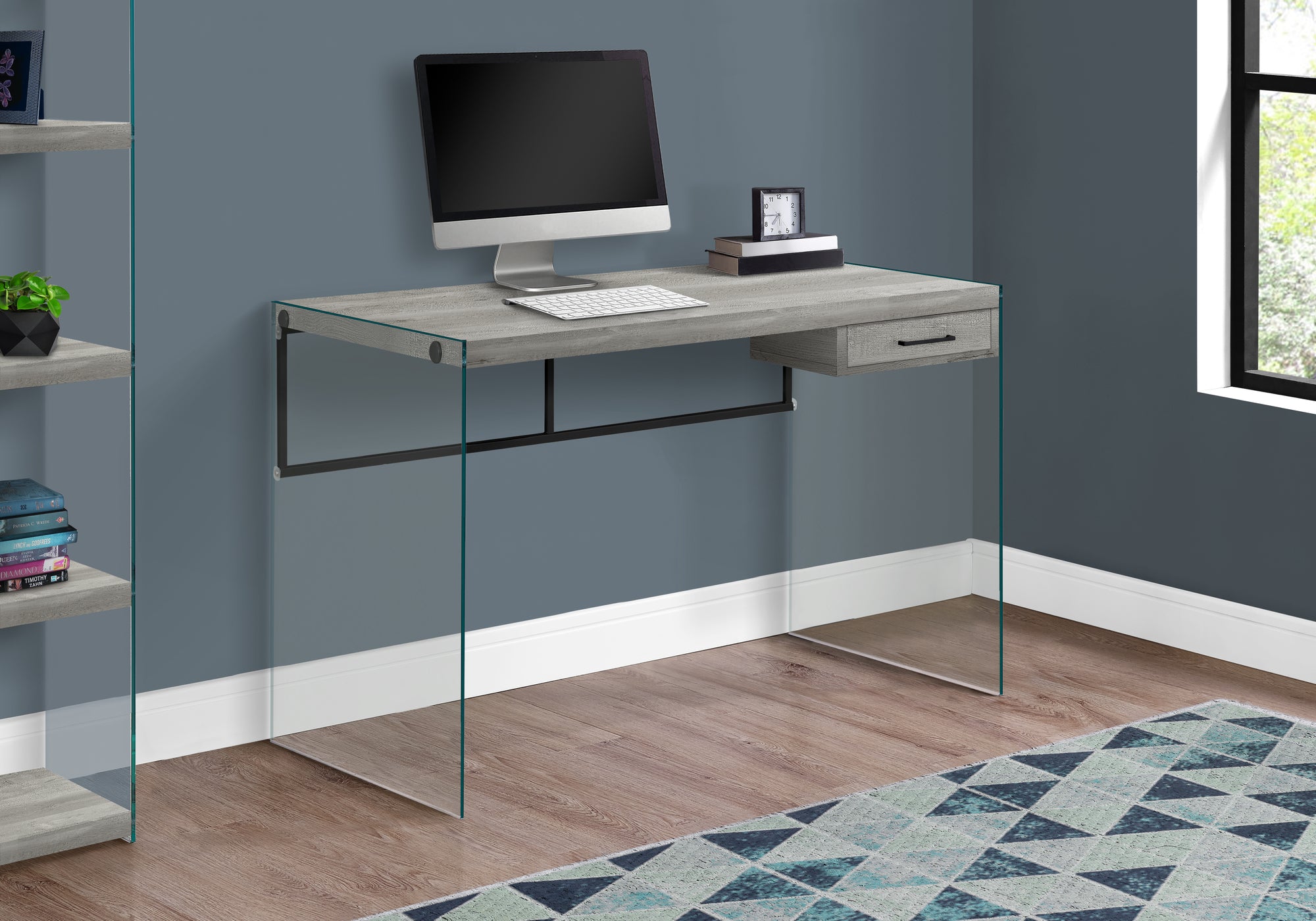 COMPUTER DESK - 48""L / GREY RECLAIMED WOOD / GLASS PANELS