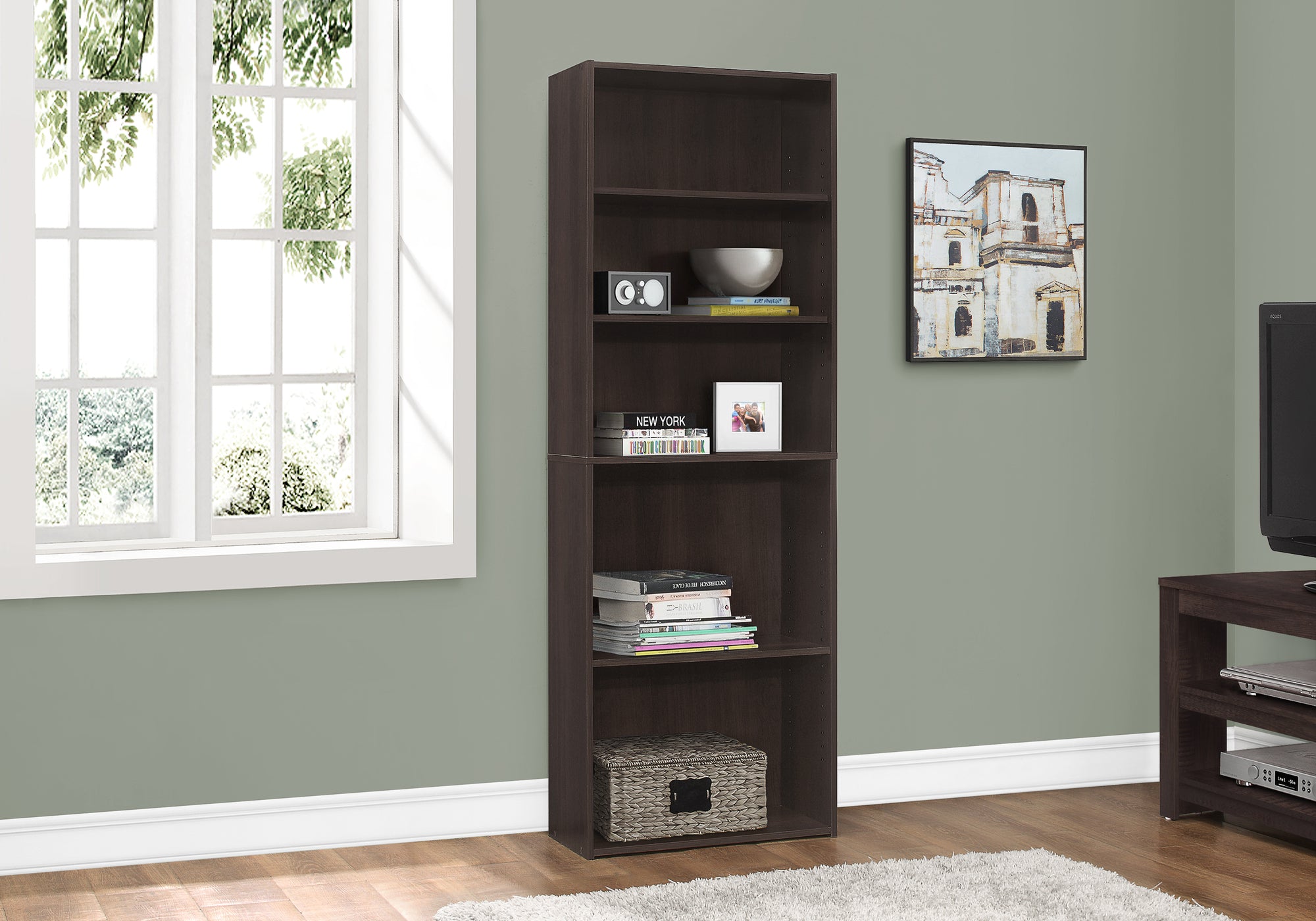 BOOKCASE - 72""H / ESPRESSO WITH 5 SHELVES