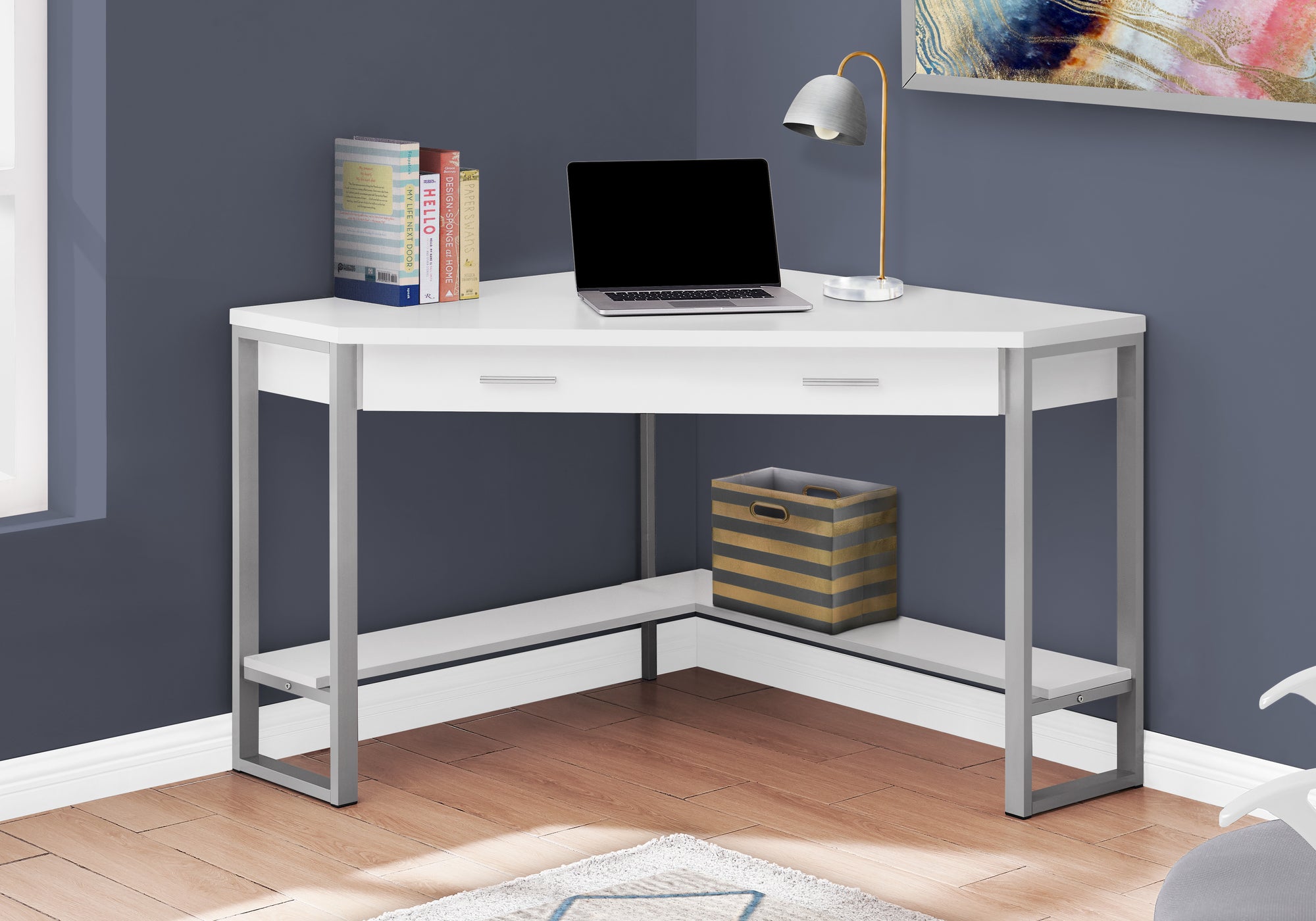 COMPUTER DESK - 42""L / WHITE CORNER / SILVER METAL