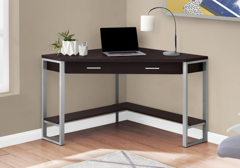 COMPUTER DESK - 42""L / ESPRESSO CORNER / SILVER METAL