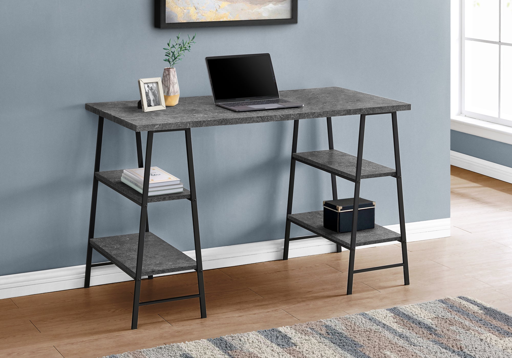 COMPUTER DESK - 48""L / GREY STONE-LOOK / BLACK METAL