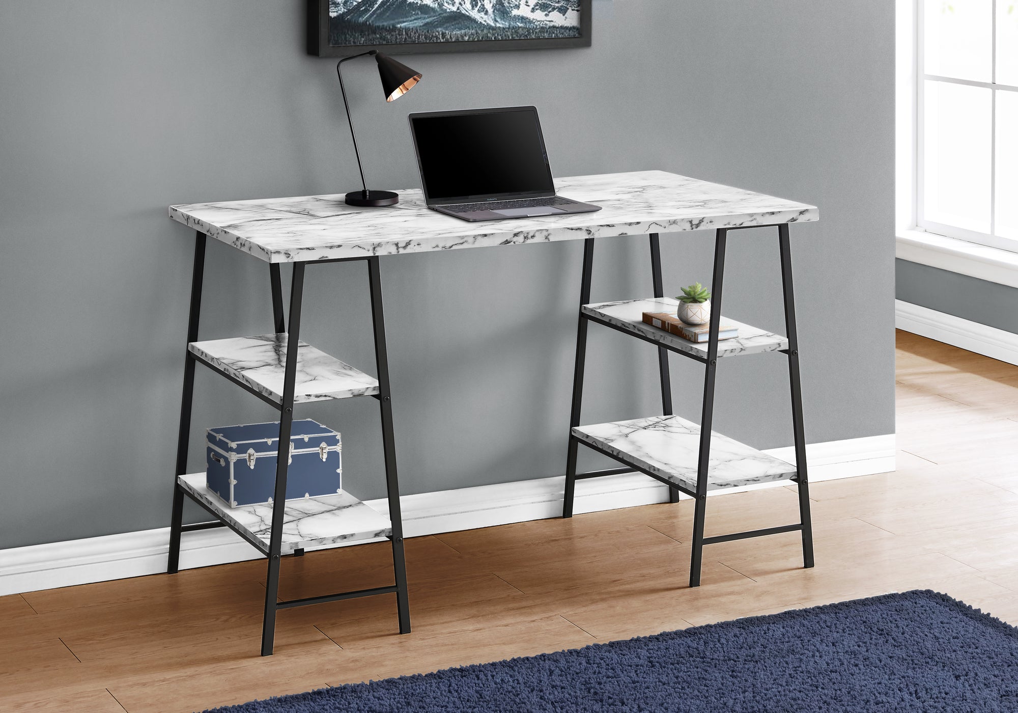 COMPUTER DESK - 48""L / WHITE MARBLE-LOOK / BLACK METAL