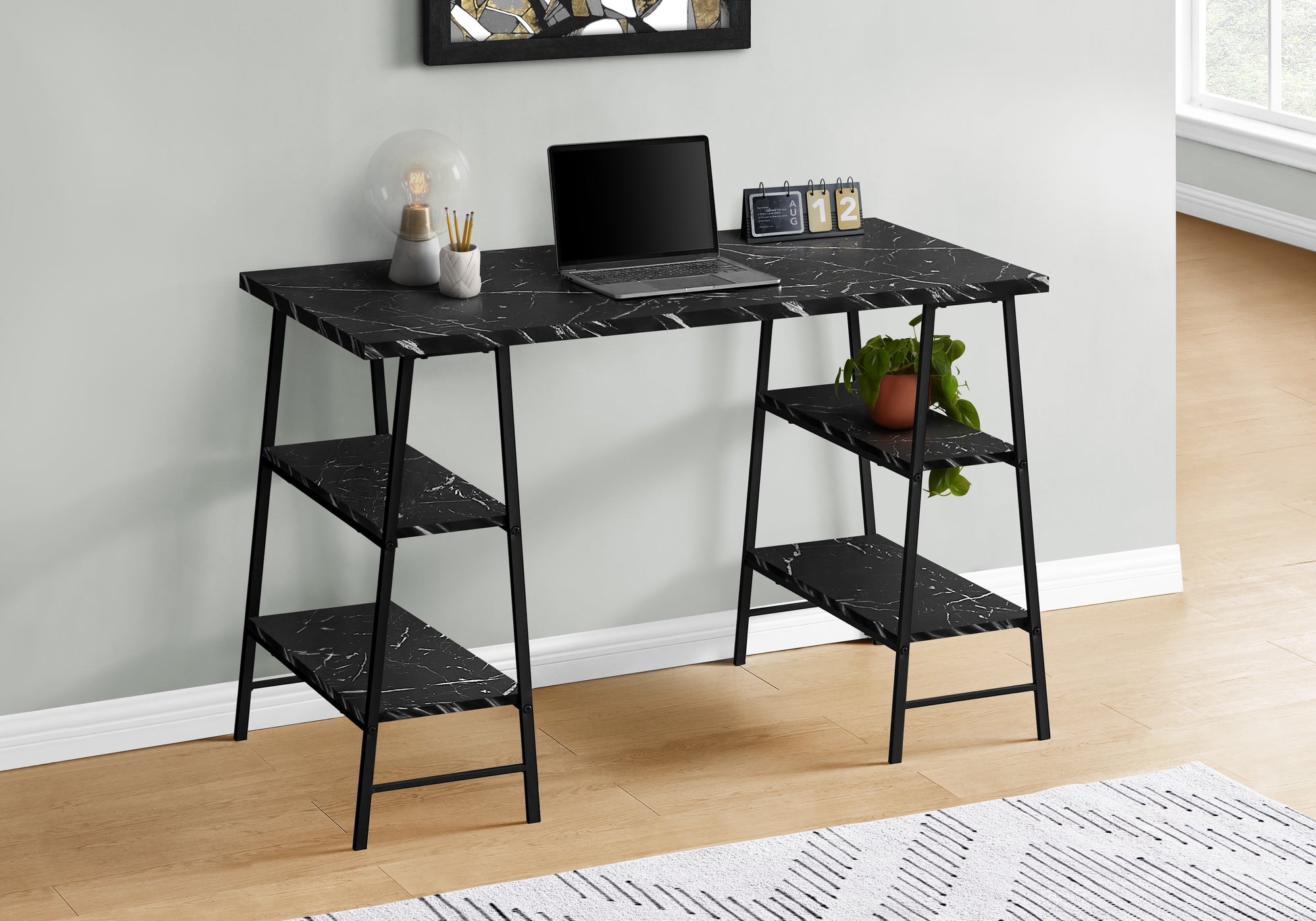 COMPUTER DESK - 48""L / BLACK MARBLE-LOOK / BLACK METAL
