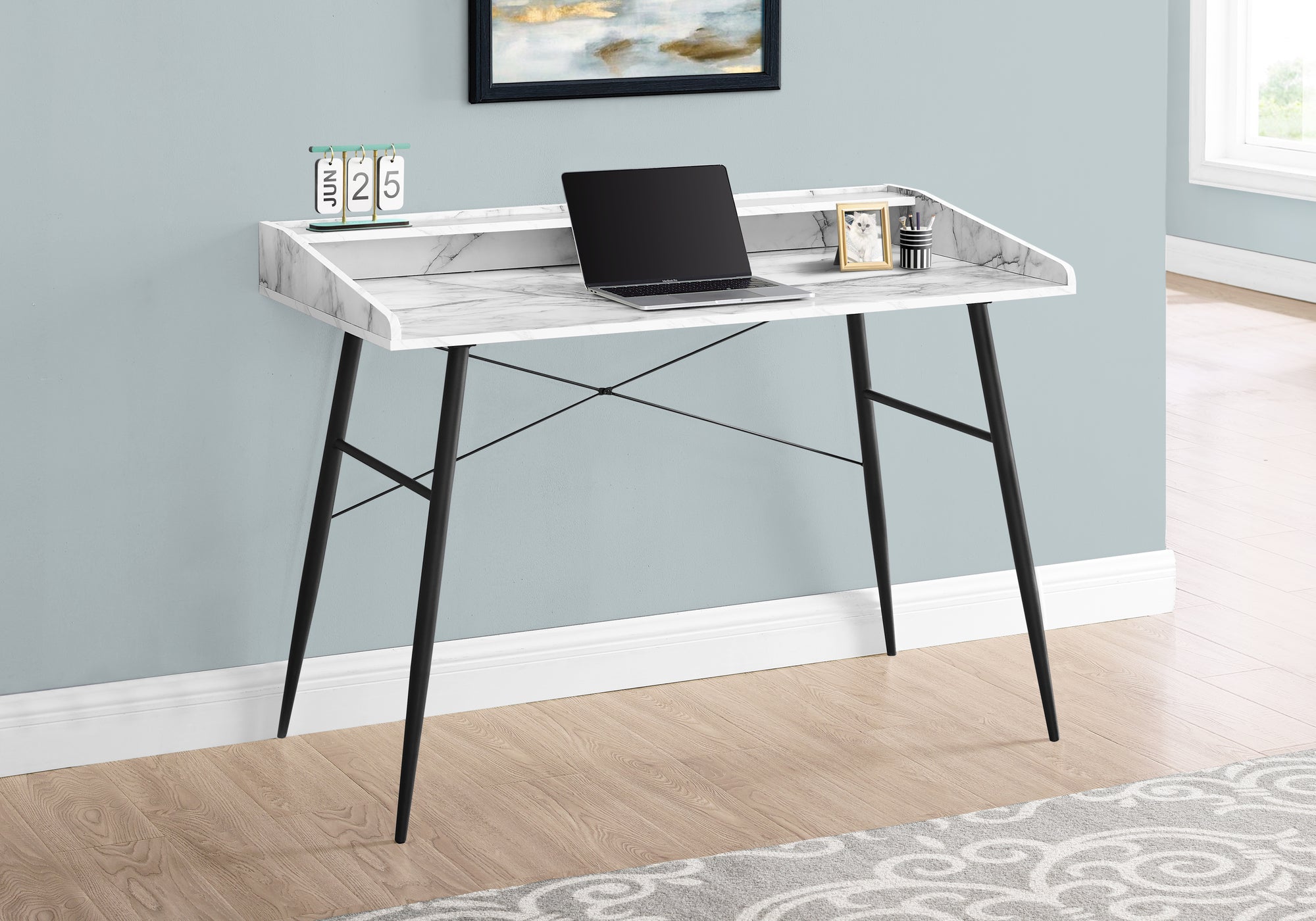COMPUTER DESK - 48""L / WHITE MARBLE-LOOK / BLACK METAL