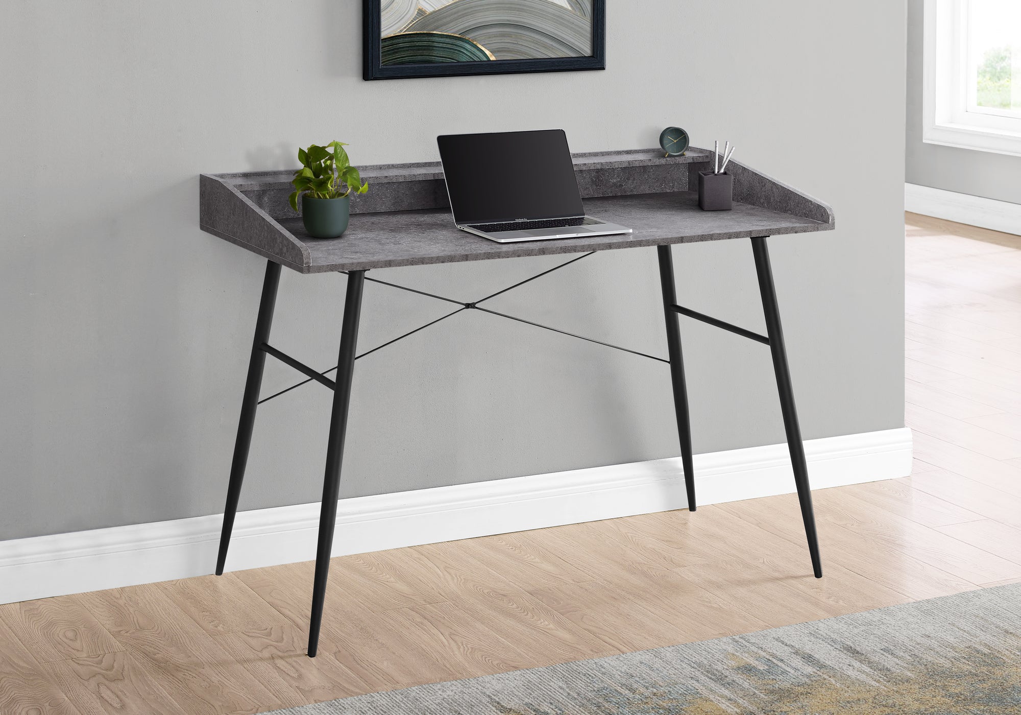 COMPUTER DESK - 48""L / GREY STONE-LOOK / BLACK METAL