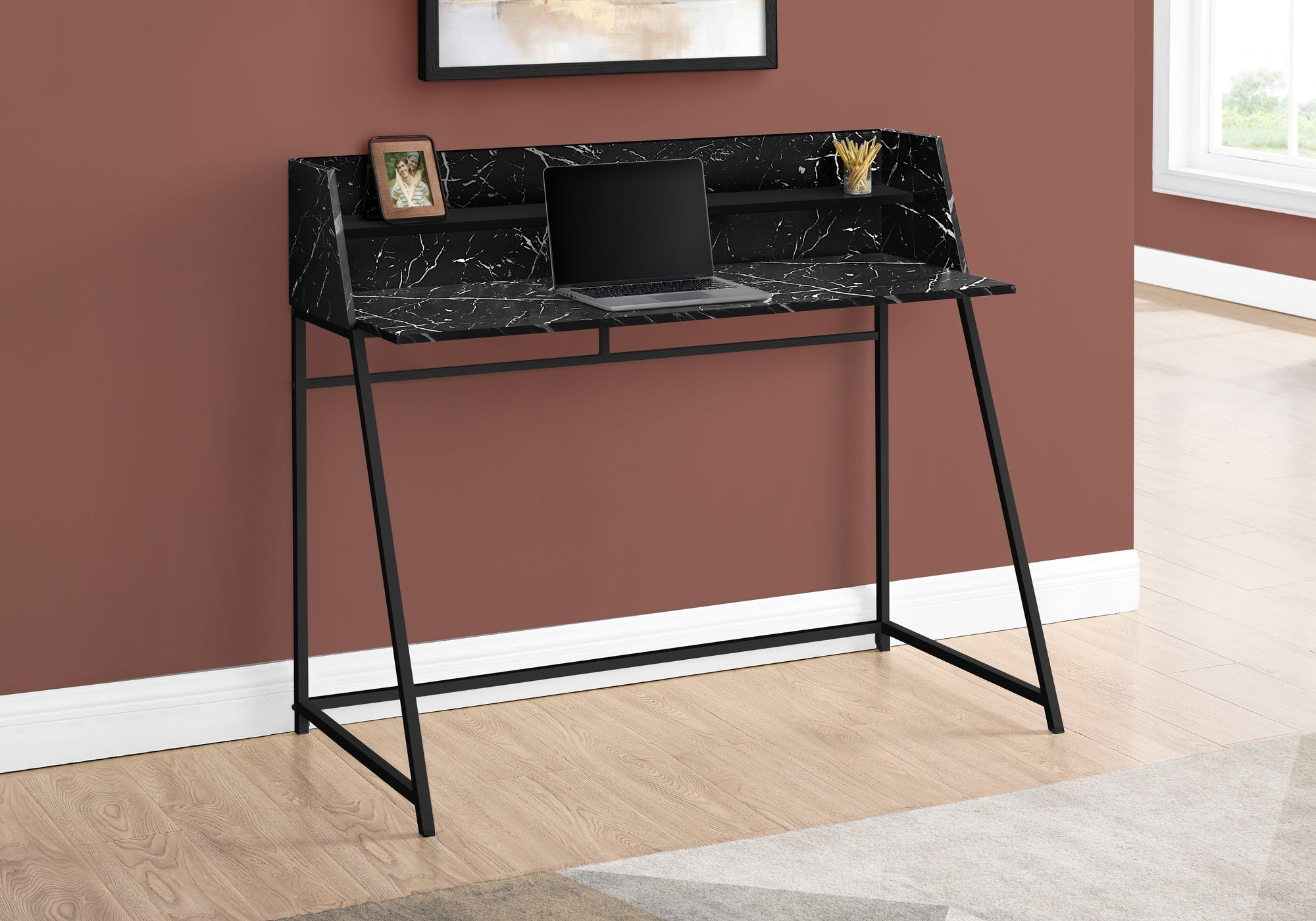 COMPUTER DESK - 48""L / BLACK MARBLE-LOOK / BLACK METAL