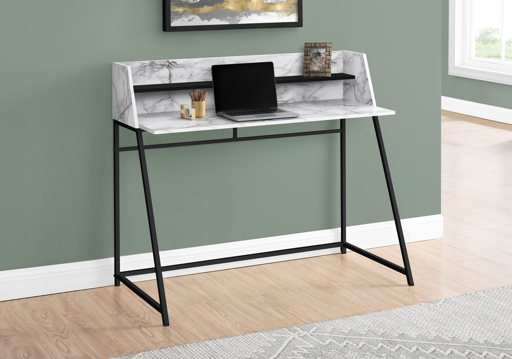 COMPUTER DESK - 48""L / WHITE MARBLE-LOOK / BLACK METAL