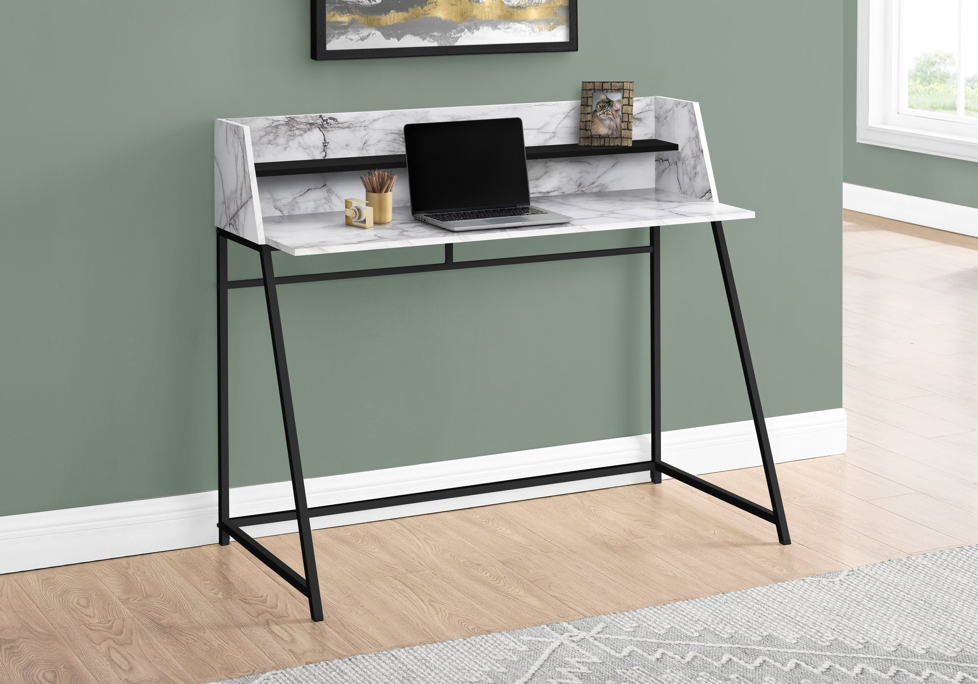 COMPUTER DESK - 48""L / WHITE MARBLE-LOOK / BLACK METAL