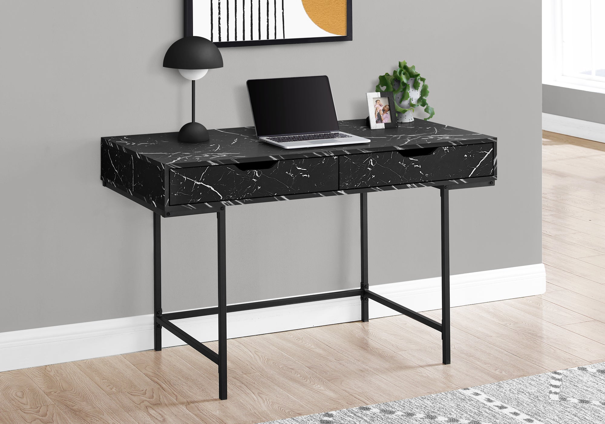 COMPUTER DESK - 48""L / BLACK MARBLE-LOOK / BLACK METAL