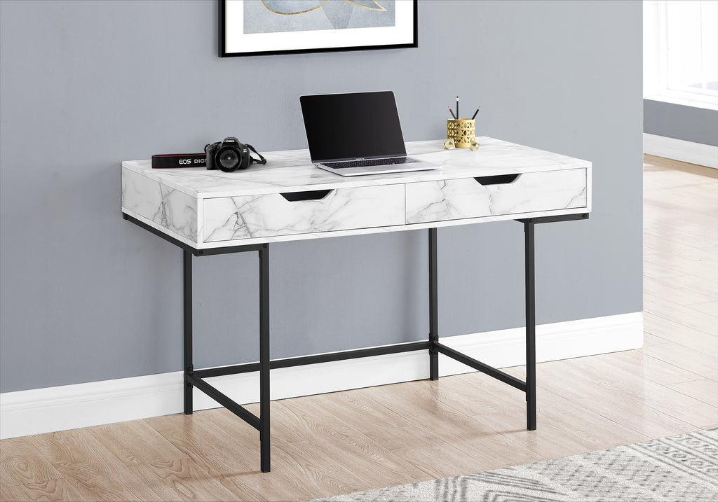 COMPUTER DESK - 48""L / WHITE MARBLE-LOOK / BLACK METAL