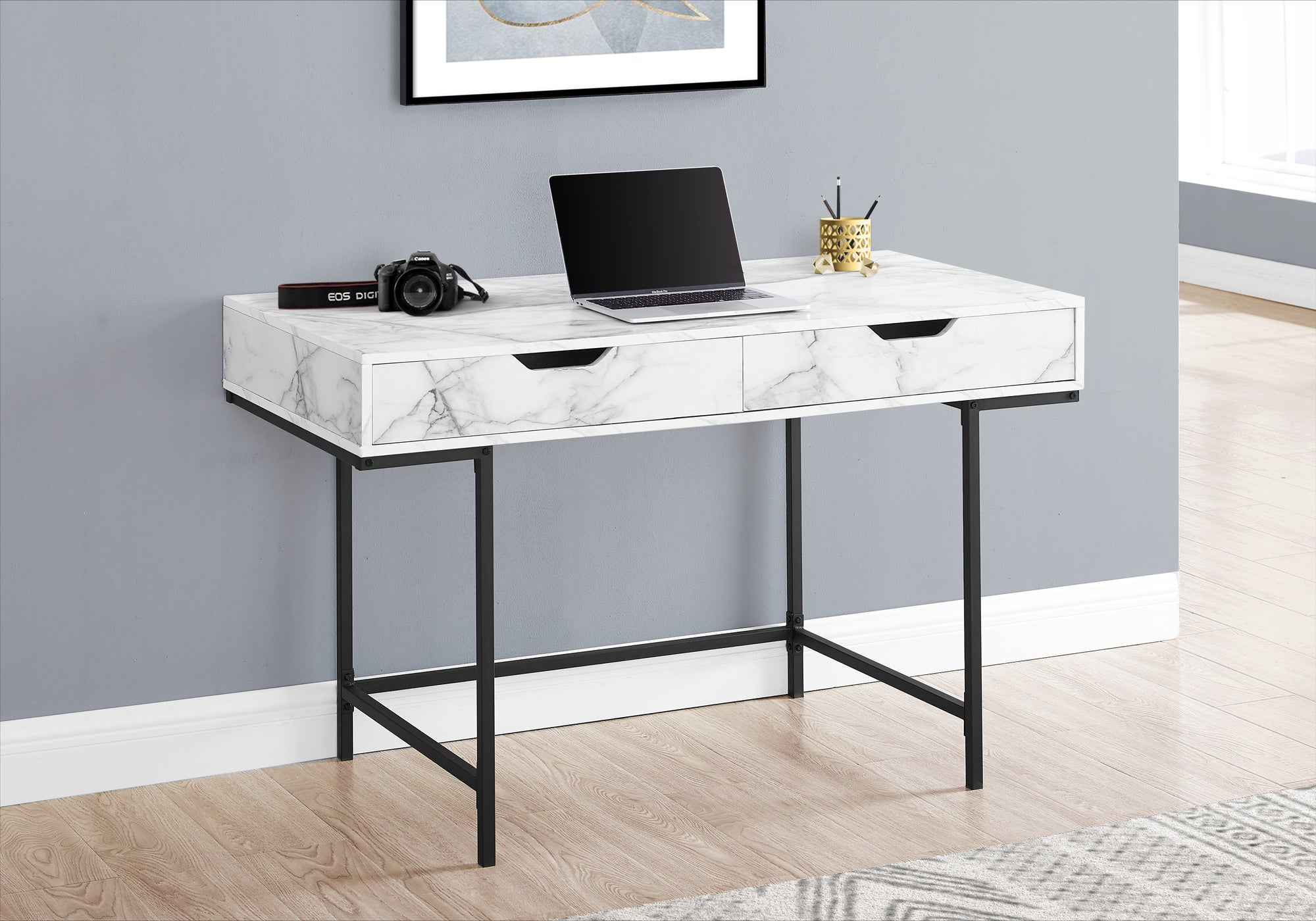 COMPUTER DESK - 48""L / WHITE MARBLE-LOOK / BLACK METAL